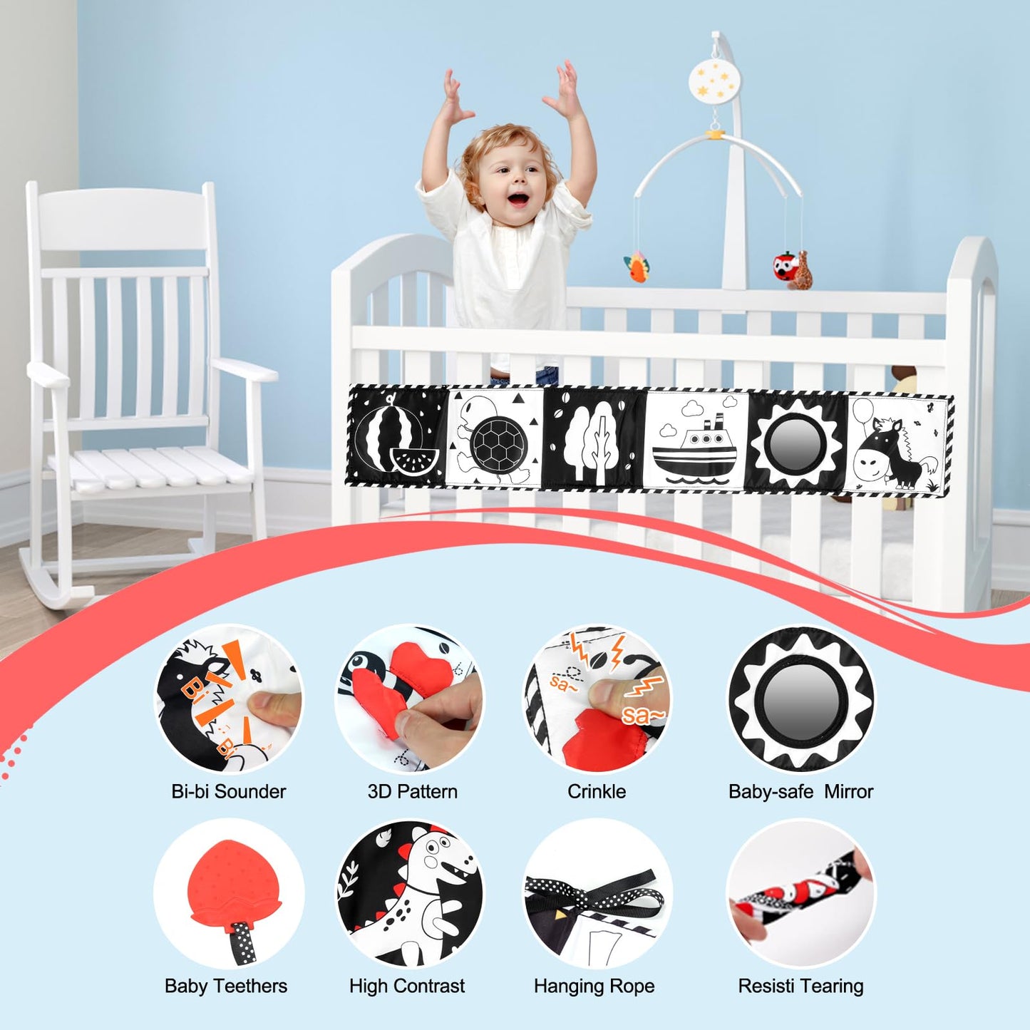 Oddpc Newborn Toys, High Contrast Baby Books With Teether, Tummy Time Toys,Black And White Baby Toys, 0-6Months Auditory And Vis