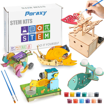 Poraxy 5 Set Stem Kits For Kids Ages 8-10, Toys For Ages 8-13, 3D Wooden Puzzles, Educational Engineering Arts Crafts Science Building Kits, Gifts For Boys And Girls 7 8 9 10 11 12 13 Year Old