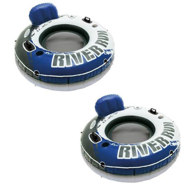 Intex River Run 1-Person Inflatable Floating Water Lounge Tube Raft With Backrest, Cup Holders, And Mesh Bottom For Lake, Pool, 