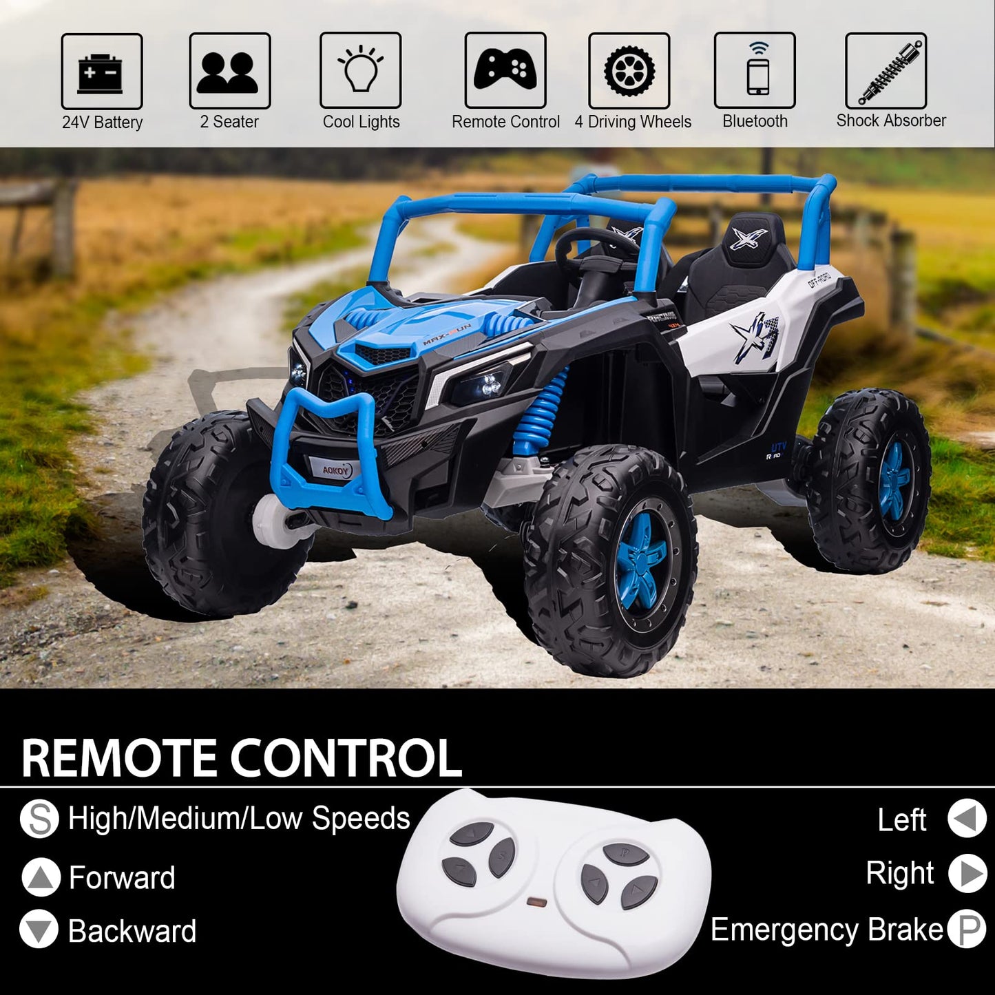 Aokoy 2025 Xxxl 24V 4Wd Ride On Utv, 2 Seater Kids Car With Remote Control, 4X4 Ride On Truck Ride On Toys With Rubber-Plastic P