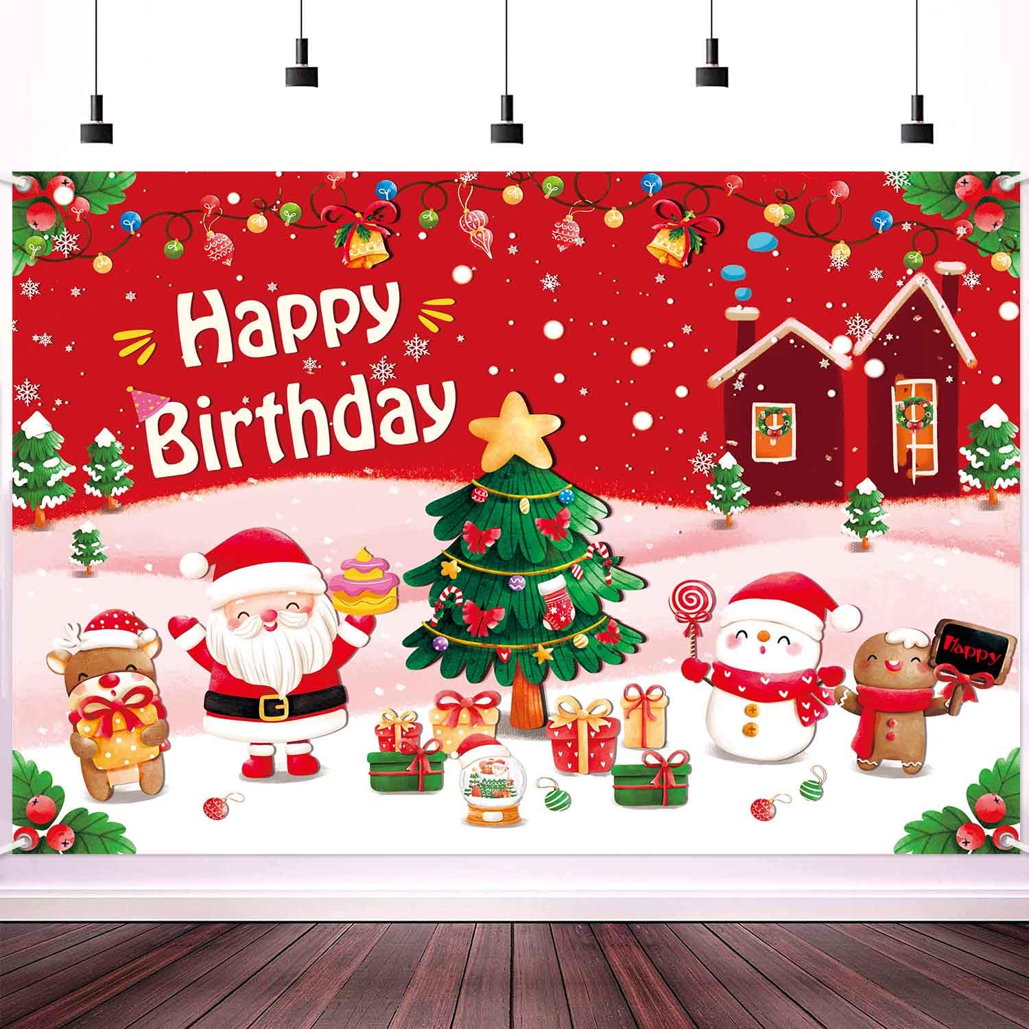 LDWLYW Christmas Birthday Backdrop Happy Birthday Christmas Banner Backdrop for Girls Kids Red Christmas Birthday Party Decorati