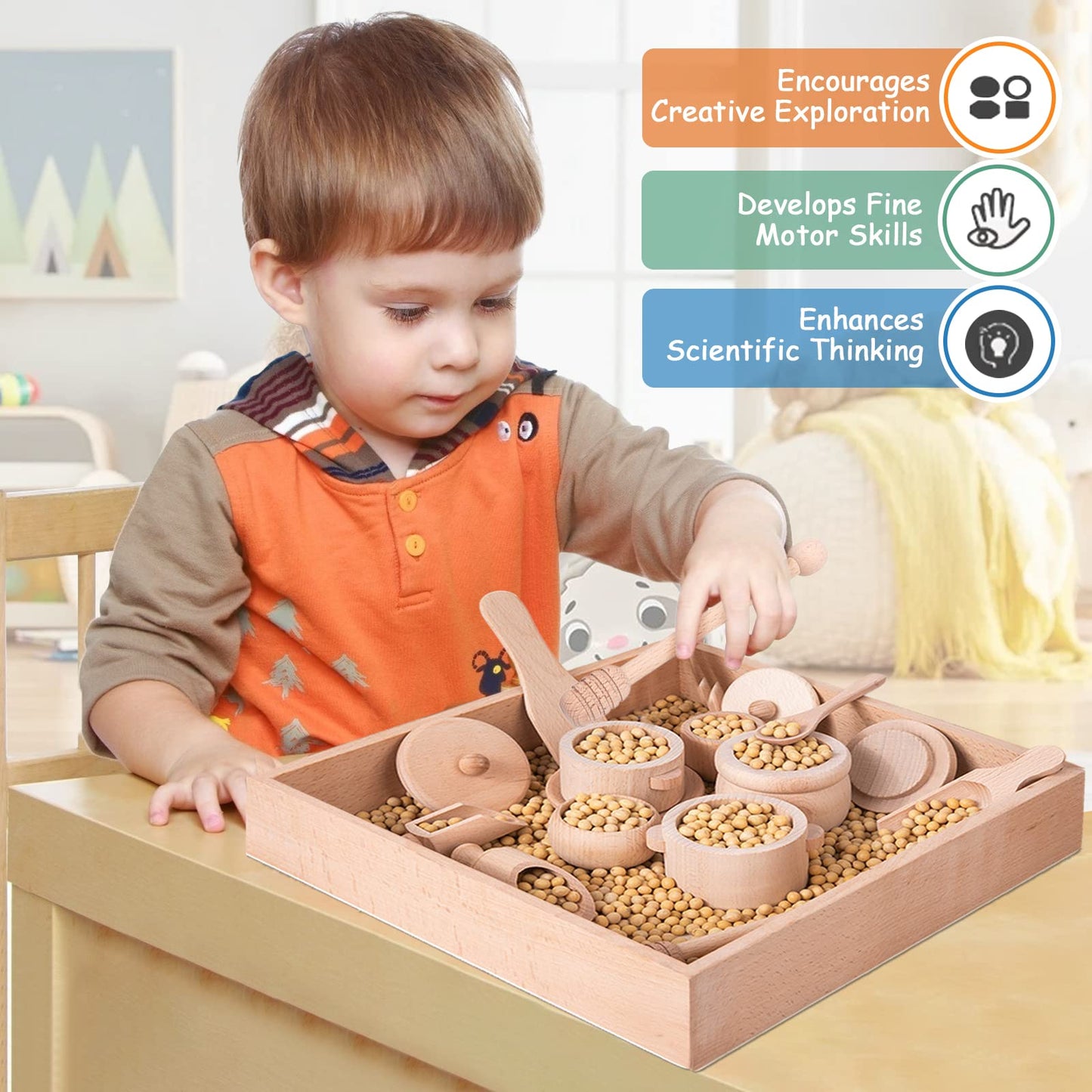 Montessori Sensory Bin Tools Toy With Wooden Box For Toddlers, Pretend Play Dish Toys Wooden Bowls Scoop Tongs Transfer Work Pouring Set, Kids Fine Motor Skills Development