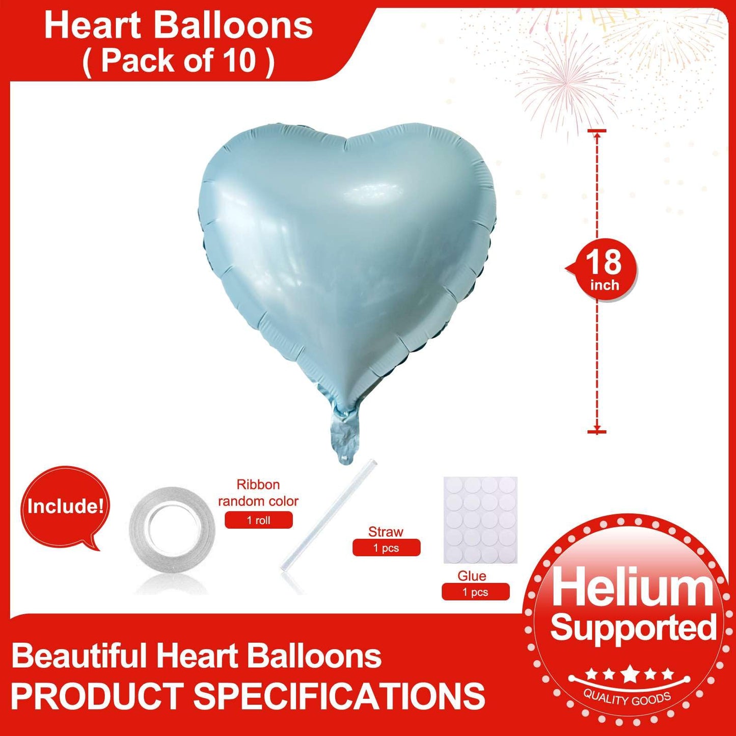 Lovoir 10 Pcs Baby Blue Heart Shape Foil Mylar Balloons 18 Inch Love Balloons For Valentine'S Day Birthday Party Decorations Wed