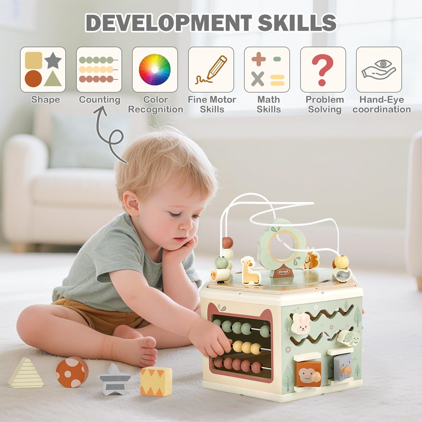 Joyreal Wooden Activity Cube - 11-in-1 Montessori Toy for Toddlers, Small, Neutral Colors, Model MX439, Ideal 1st Birthday Gift