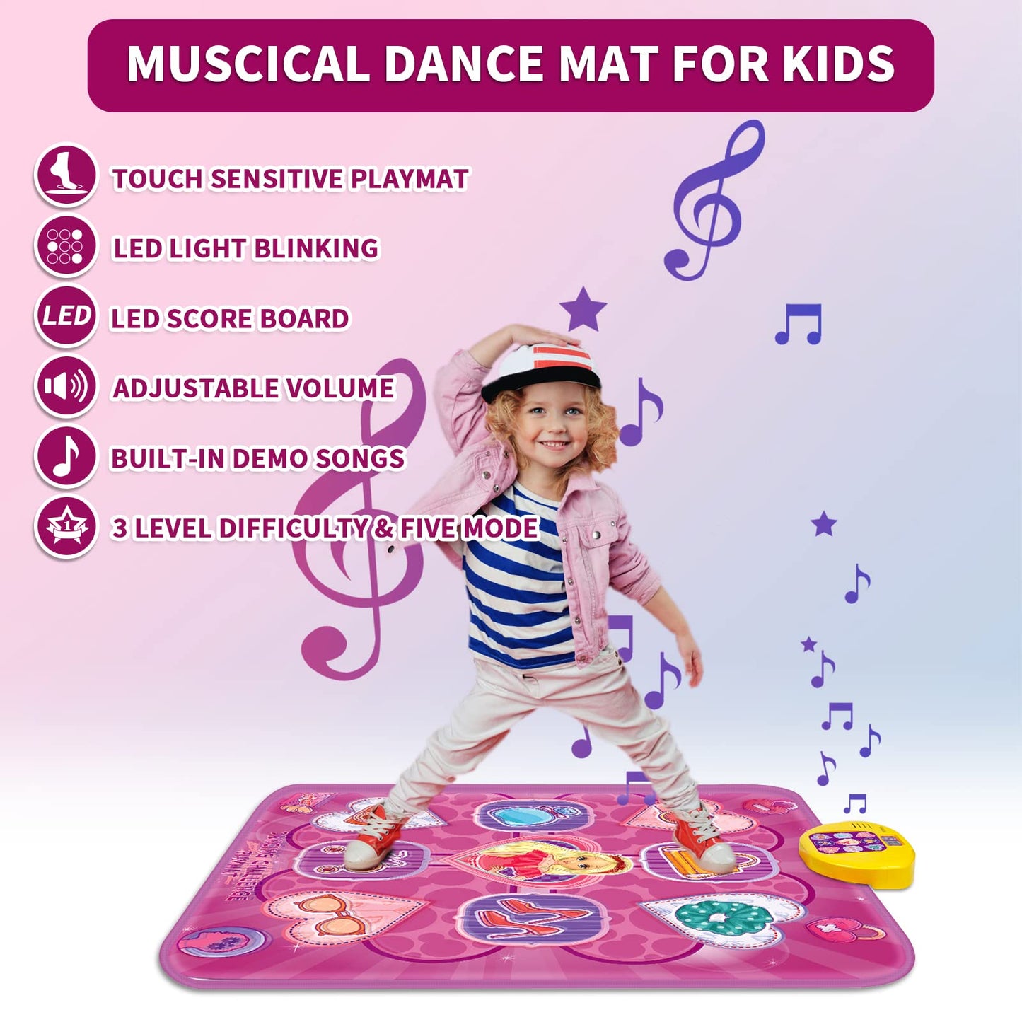 ANNKIE Dance Mat for Kids, Purple, PVC, 34.64'' x 39.37'', 5 Game Modes, Ideal for Ages 3-8, Perfect Birthday/Xmas Gift