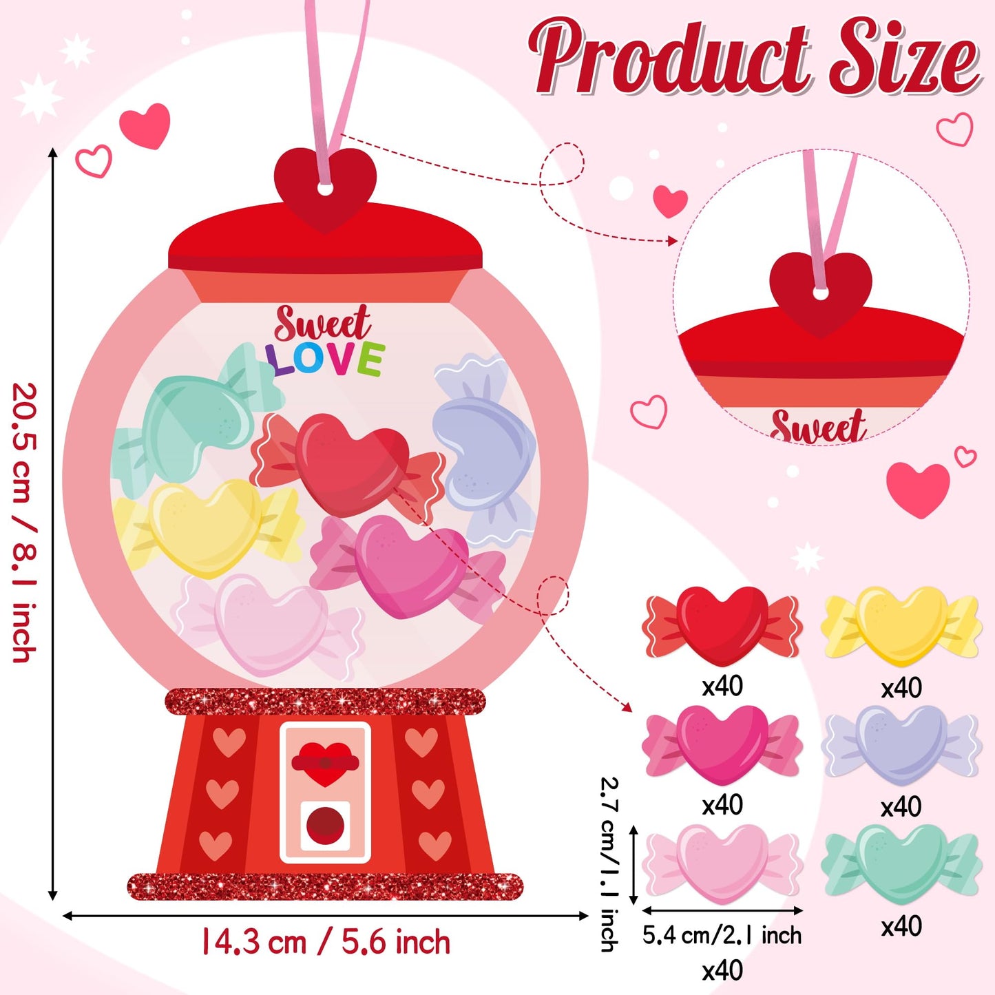 WATINC Valentines Day Gumball Machine Craft Kits, 20Pack DIY Valentines Heart Bubble Gum Machine Crafts Hanging Ornaments with C
