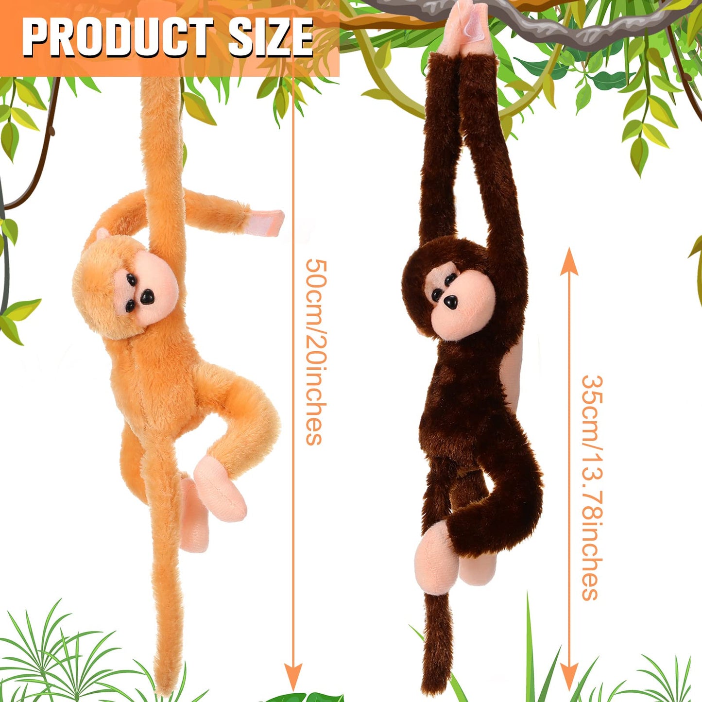 Chivao 2 Pcs Hanging Monkey Stuffed Animal, Monkey Plush With Hook And Loop Fasteners Hands Stuffed Monkey Toy For Birthday Part