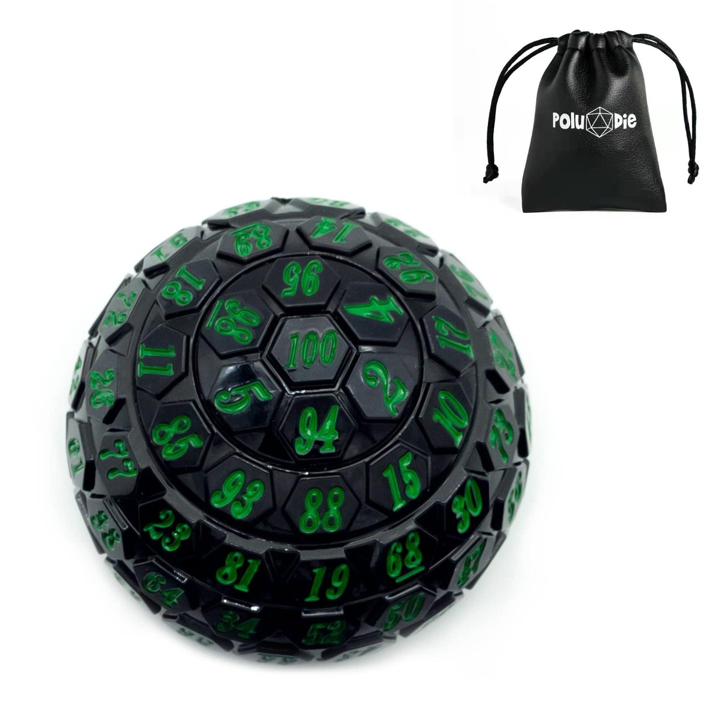 Poludie 100 Sided Polyhedral Dice, Single D100 Game Dice, 100 Sided Cube with Black Pouch, D100 die 48 mm (Black with Green Numb