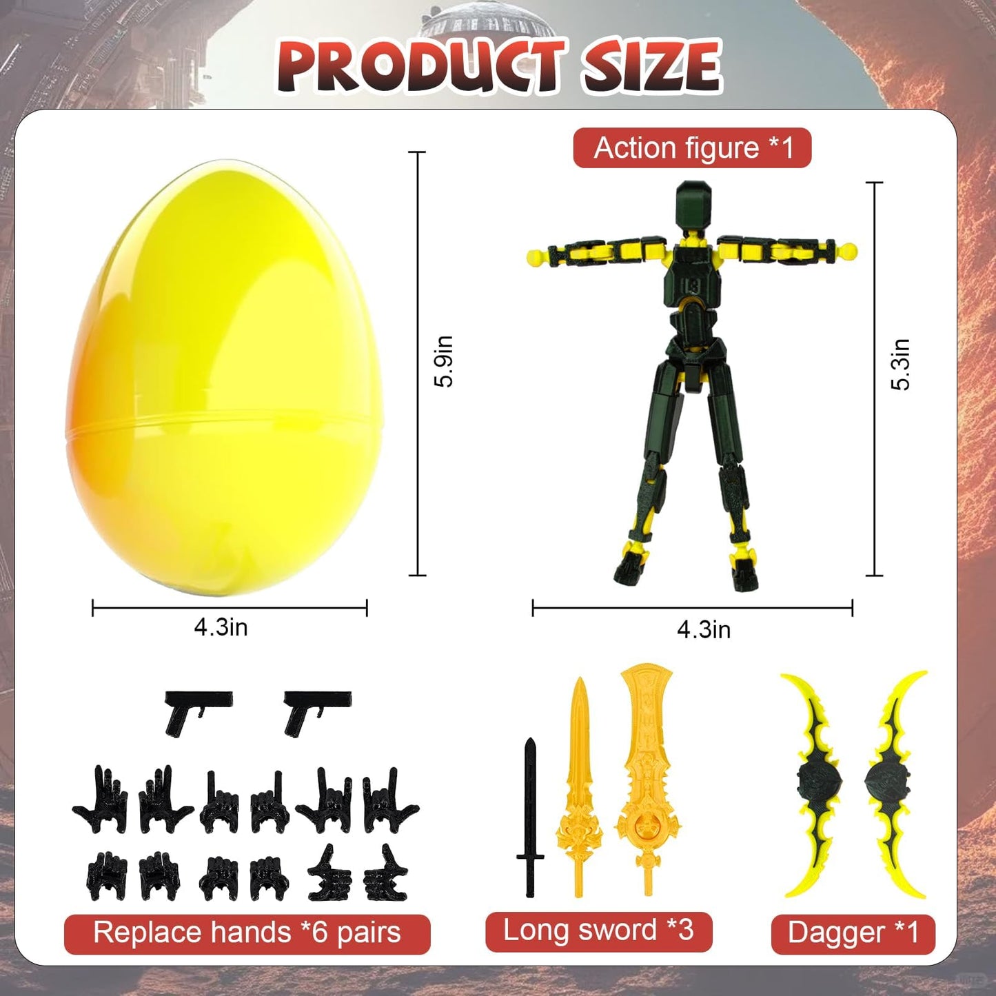 Memogizz T13 Action Figure Set, Pre-Filled Easter Egg With 3D Printed Toy, Easter Basket Stuffers For Adults, 1Pack, Blackgold