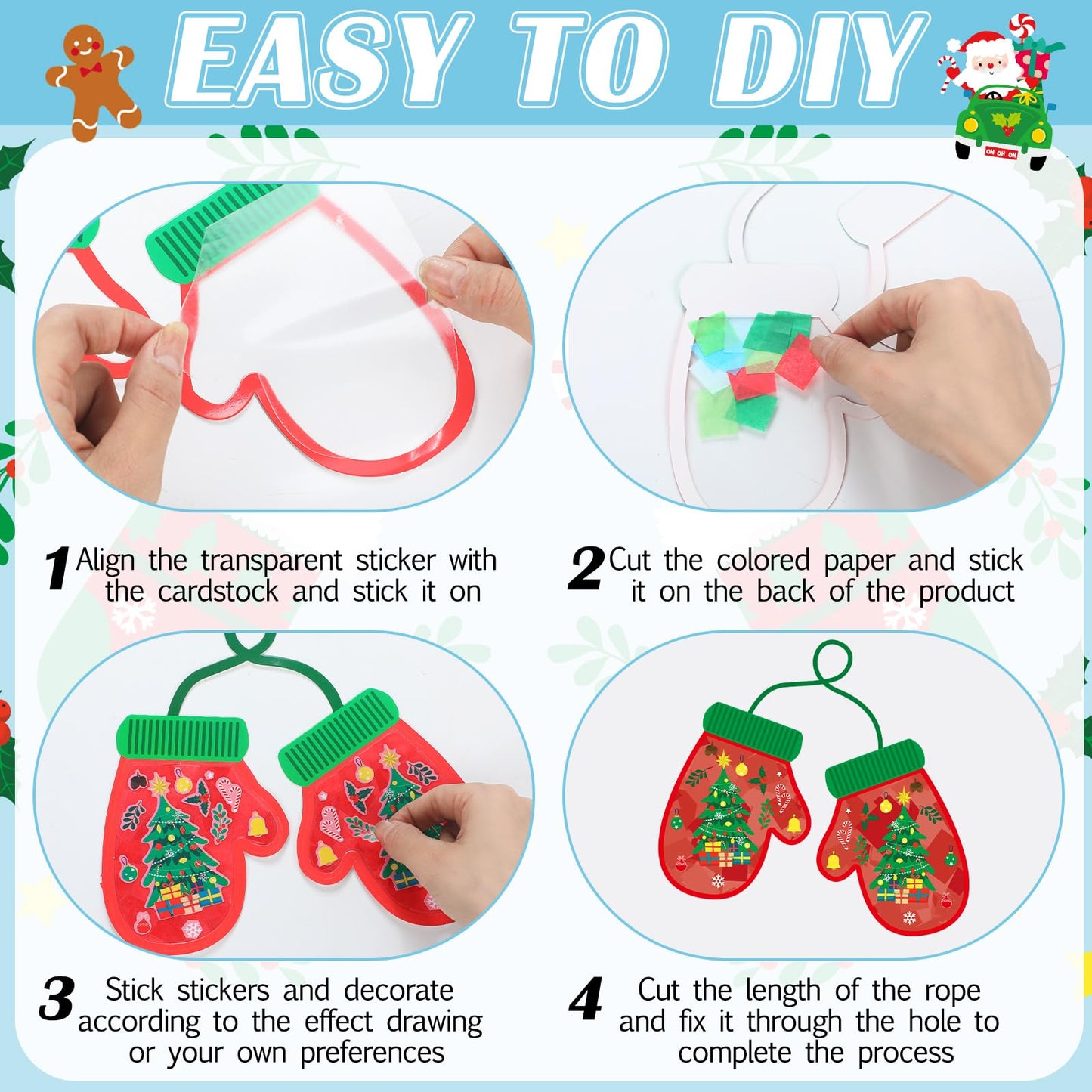 DoubleFill 48 Pcs Winter Gloves Suncatchers Craft Kits Ornaments DIY Stained Glass Effect Tissue Paper Kits Bulk for Window Deco