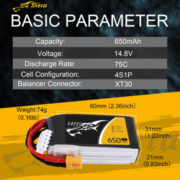Tattu 650mAh 4S1P 75C 14.8V Lipo Battery with XT30 Plug