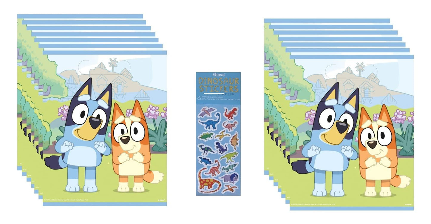 Bluey Dog Birthday Party Supplies Bundle includes 16 Plastic Party Favor Loot Bags and 1 Dinosaur Sticker Sheet