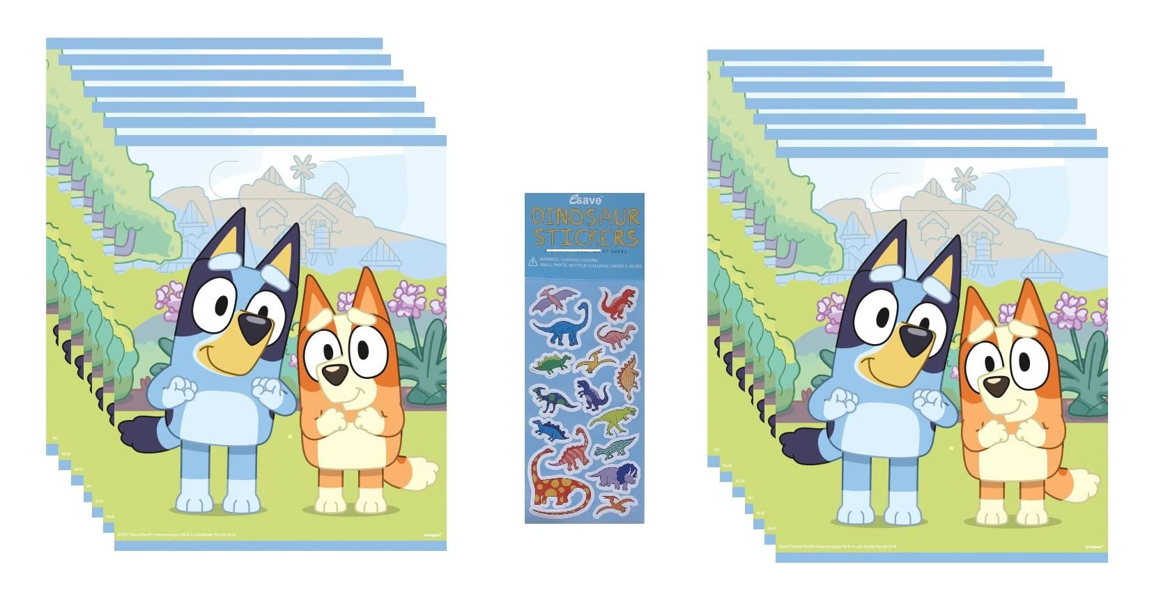 Bluey Dog Birthday Party Supplies Bundle includes 16 Plastic Party Favor Loot Bags and 1 Dinosaur Sticker Sheet