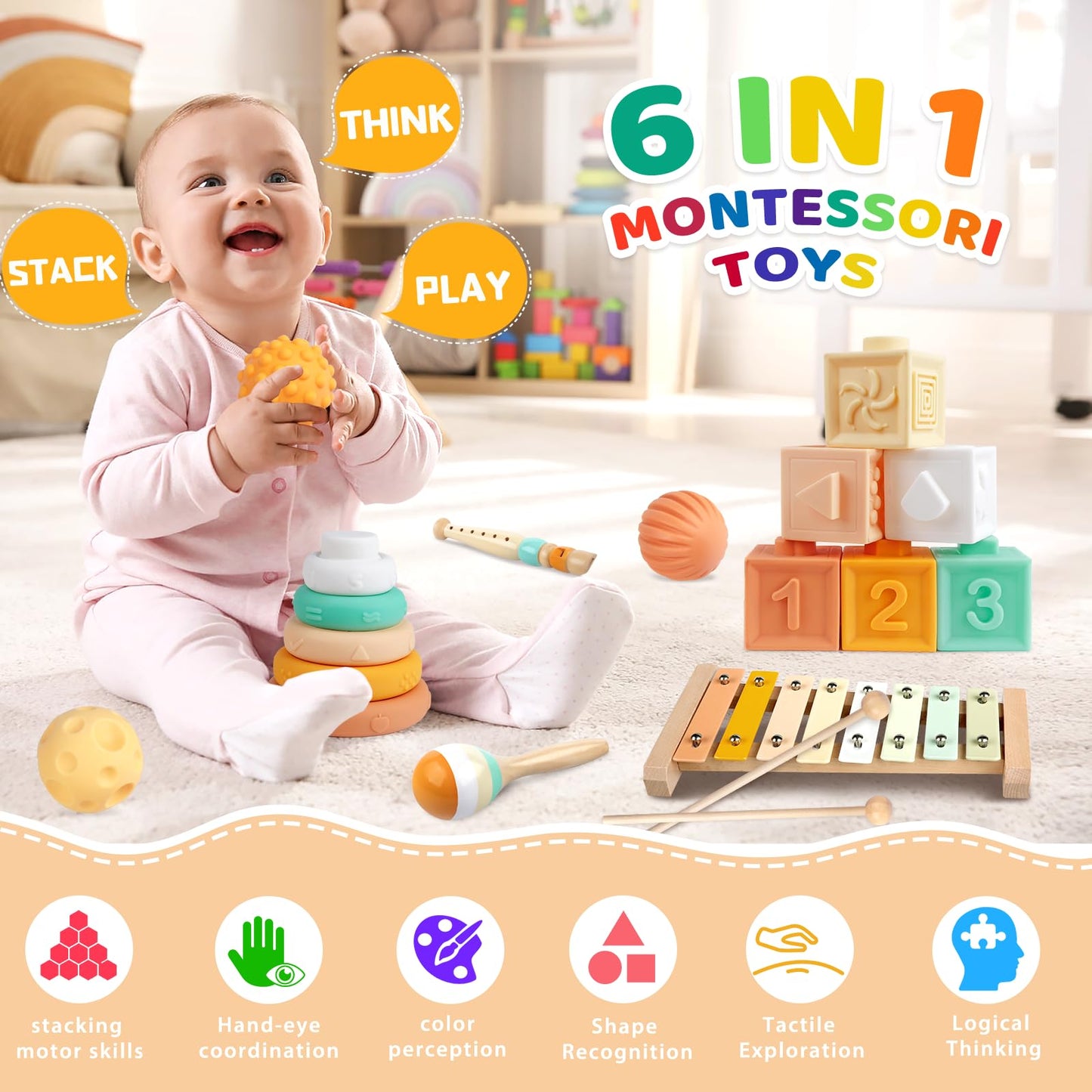 Montessori Baby Toys for 6-12 Months 1+ Year Old 6 in 1 Musical Instruments for Toddler Stacking Blocks Rings Development Learning Educational Toy with Wooden Xylophone for 1 Year Old Boys Girls