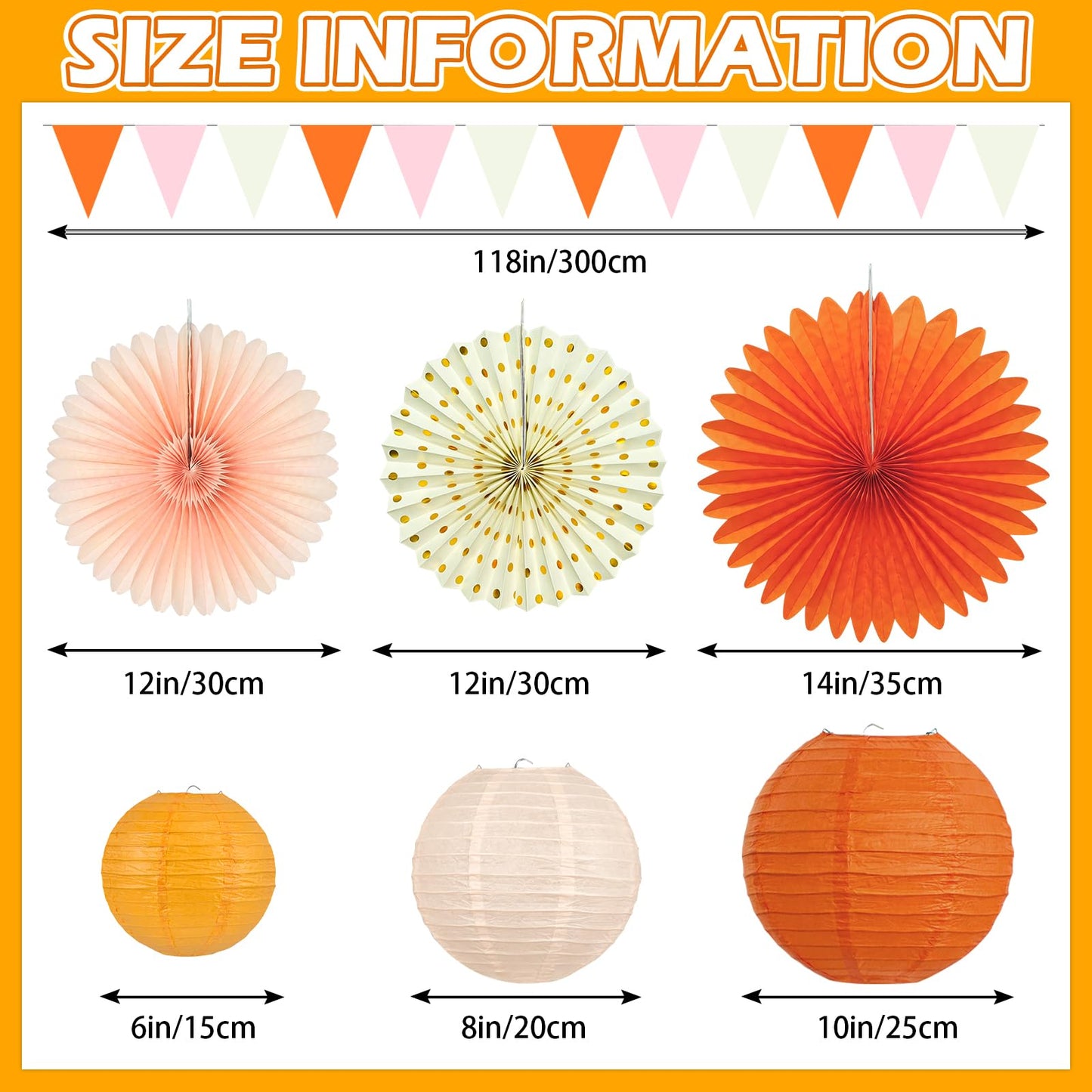 15Pcs Autumn Pink and Orange Party Decorations, Hanging Orange Paper Lanterns Honeycomb Paper Fans Triangle Flag Banner for Girl