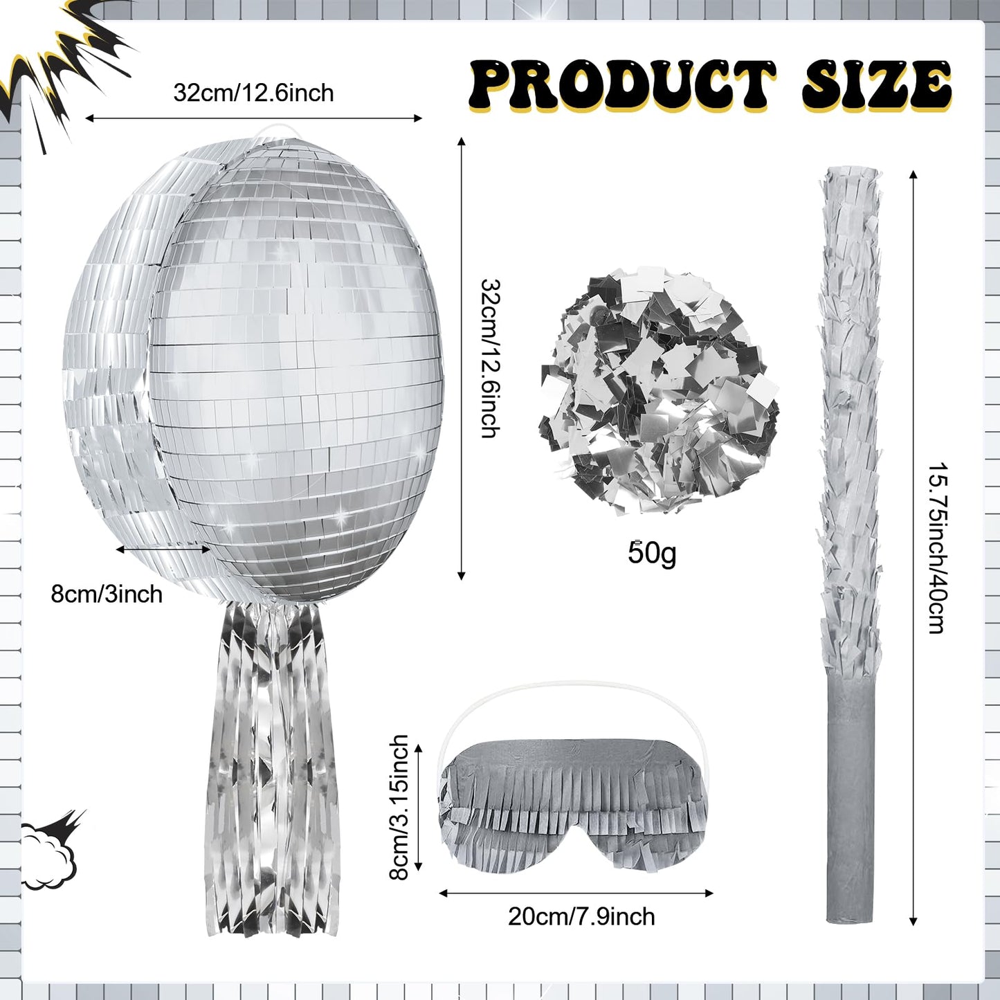Aoriher Disco Ball Piata 12.6 x 12.6 x 3 Inch Disco Party Piata Mirror Disco Ball Piata Silver Foil Piata with Stick Mask Confet