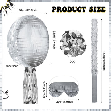 Aoriher Disco Ball Piata 12.6 x 12.6 x 3 Inch Disco Party Piata Mirror Disco Ball Piata Silver Foil Piata with Stick Mask Confet
