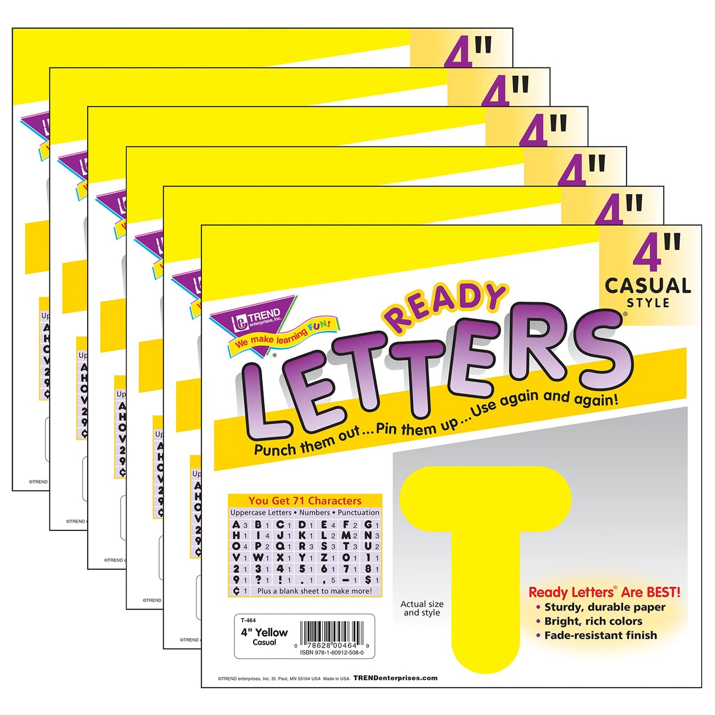 Trend Yellow 4'' Casual Uppercase Ready Letters, 6 Packs