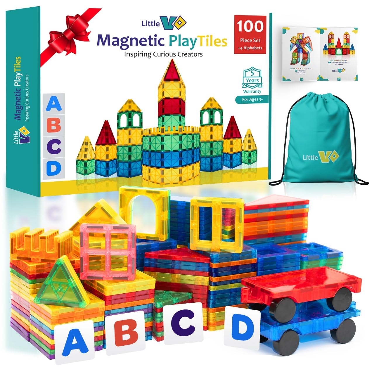 Little Vo Magnetic Tiles 100 PCS with 2 Cars and 4 Extra Alphabets - STEM Building Blocks for Kids  Educational Gift for Boys & Girls