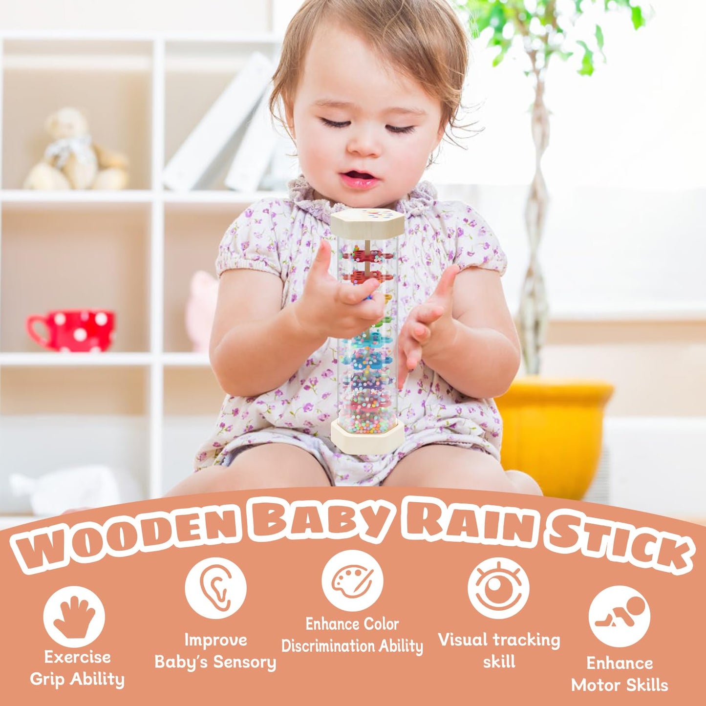 8.8 Extra Large Rain Stick,Montessori Baby Rainmaker Toys For 3-6-12 Months Under 1 Year Old,Baby Shake Rattle Sensory Developme