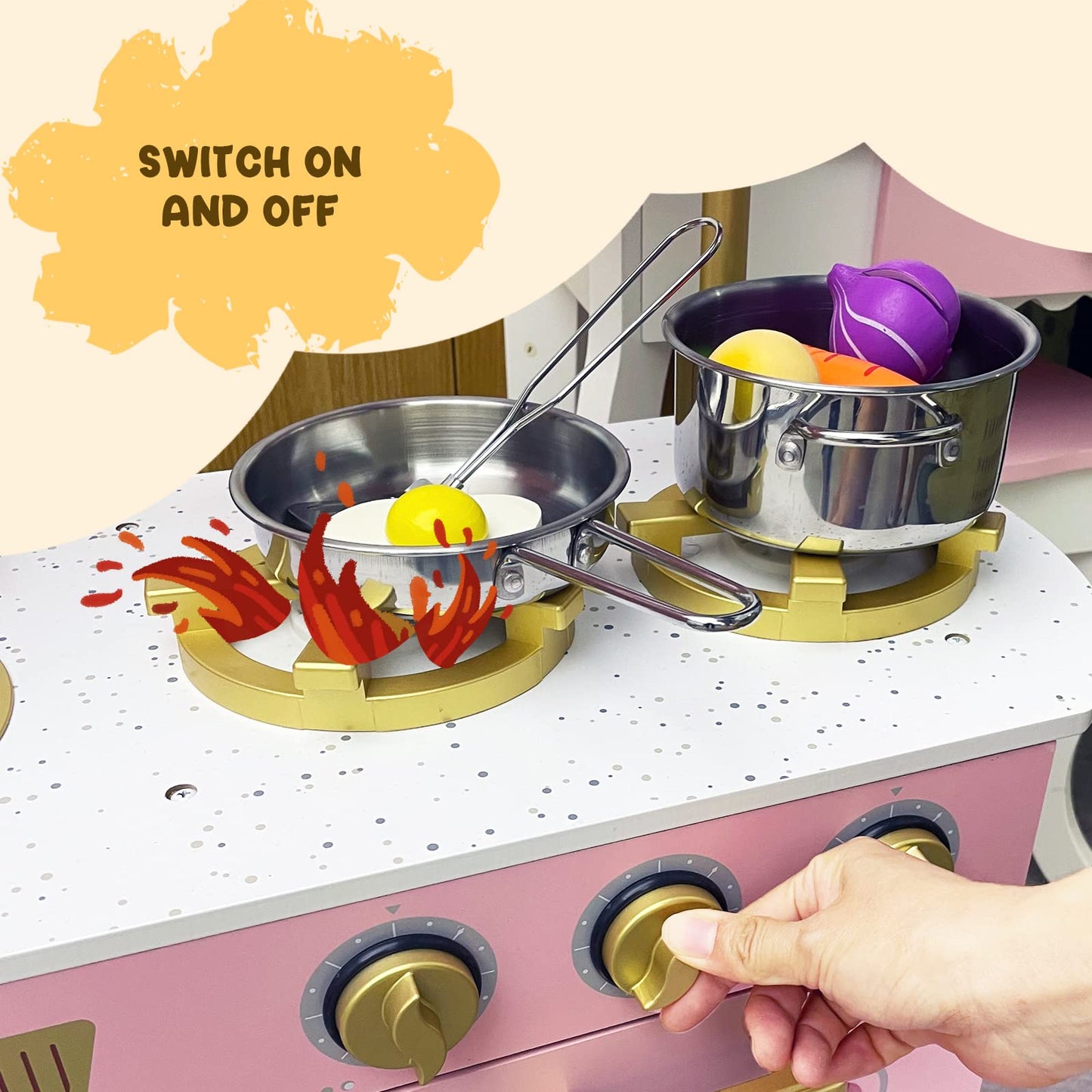 WoodenEdu Kitchen Playset for Kids Ages 3-8, Wooden Pretend Play Kitchen, Including Telephone, Ice Maker, Refrigerator, Dimensio