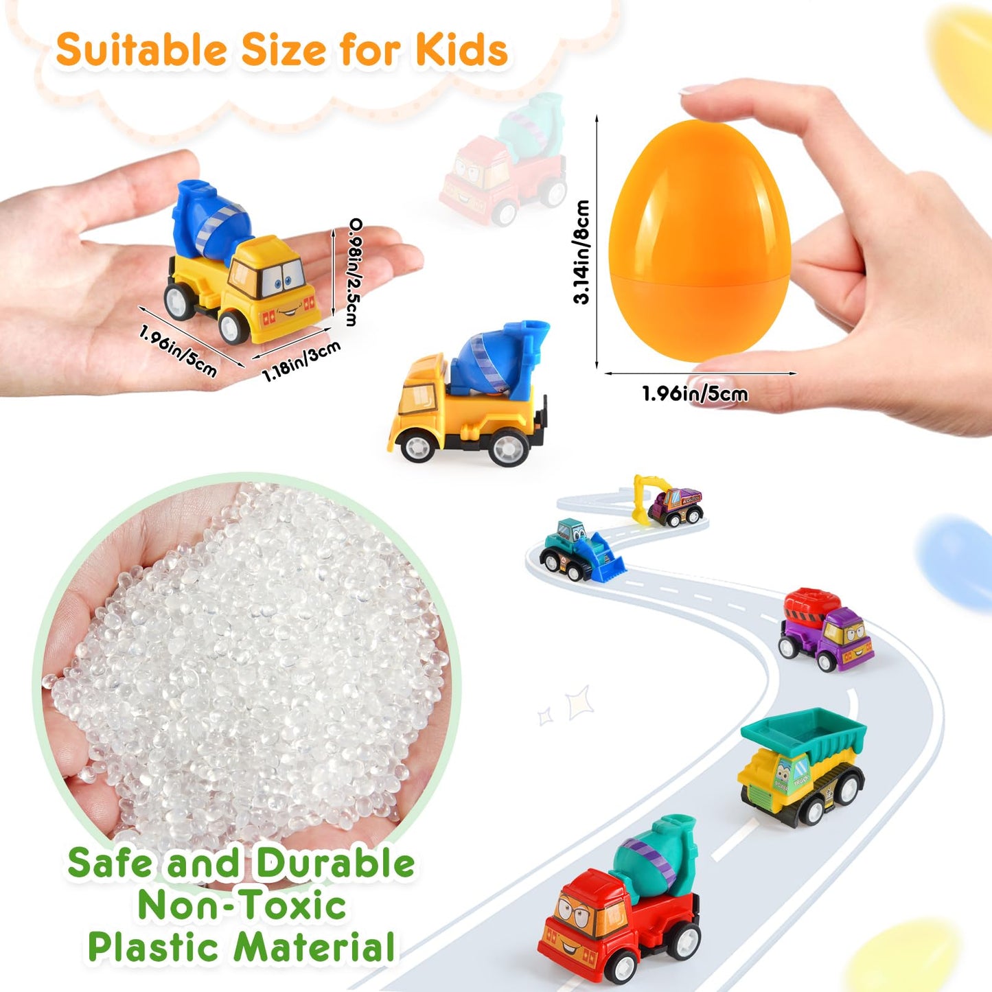 Duchong Prefilled Easter Eggs with Cars Toys for Easter Eggs Hunt,12 Packs 2.8 Plastic Eggs with Pull-Back Construction Vehicles