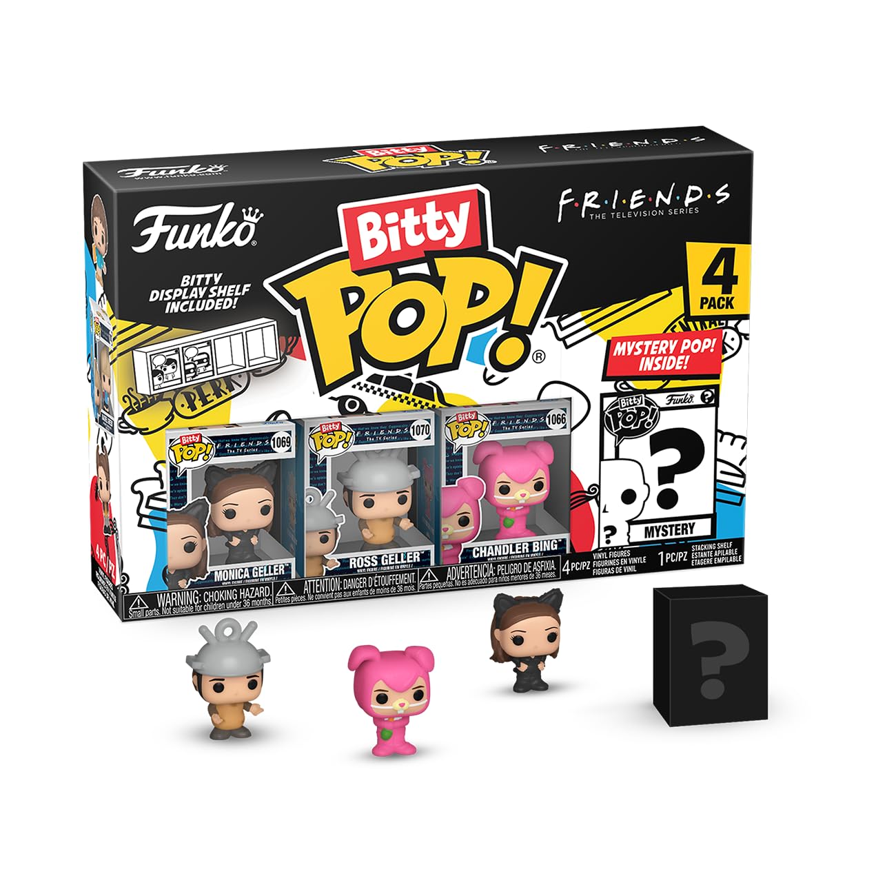 Funko Bitty Pop! Friends - Monica As Catwoman, 4-Pack And A Surprise Mystery Mini Figure - 0.9 Inch (2.2 Cm) Collectable - Stackable Display Shelf Included - Gift Idea - Party Bags Stocking