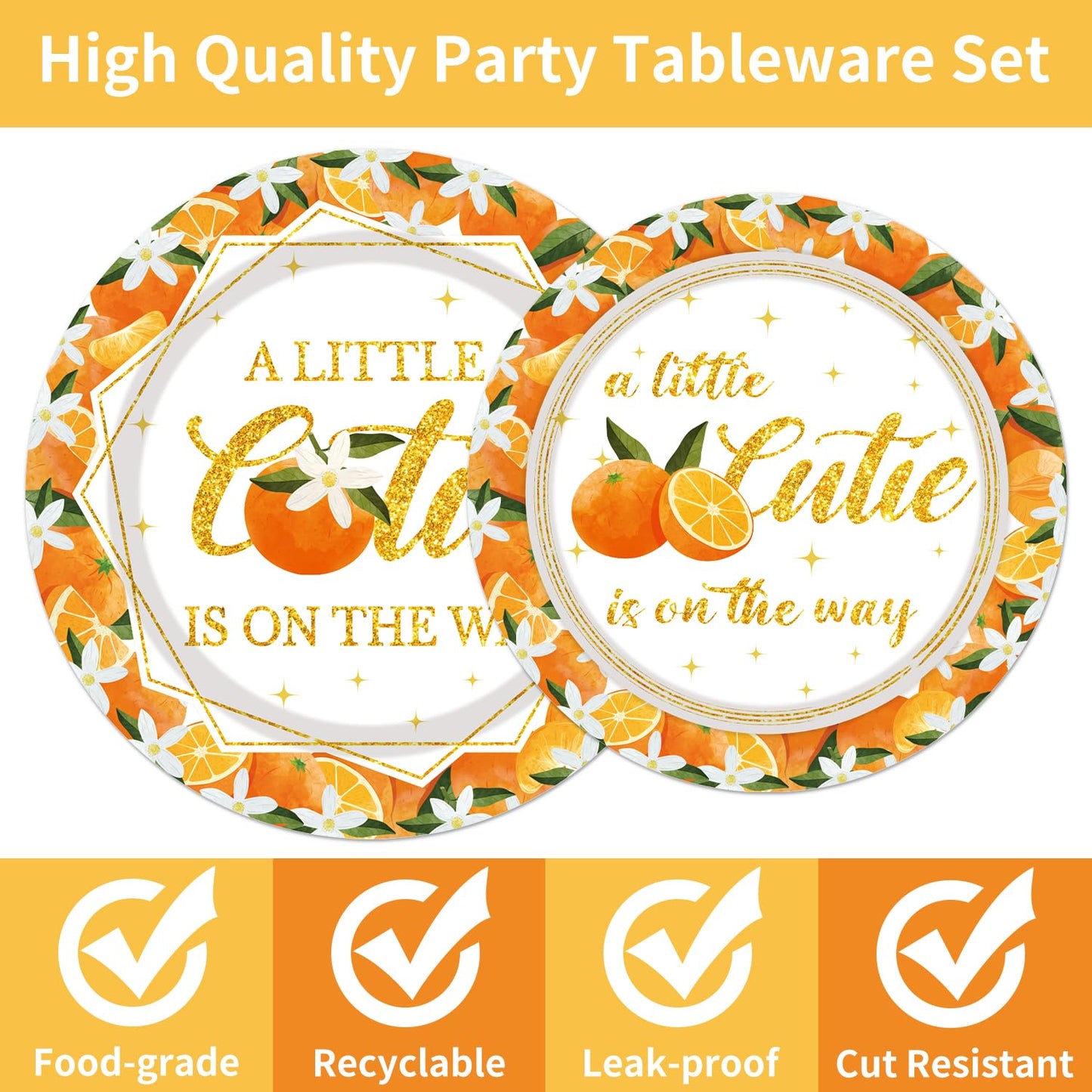 Little Cutie Baby Shower Decorations - 96PCS A Little Cutie Is on the Way Plates and Napkins Party Supplies Orange Tangerine Cit