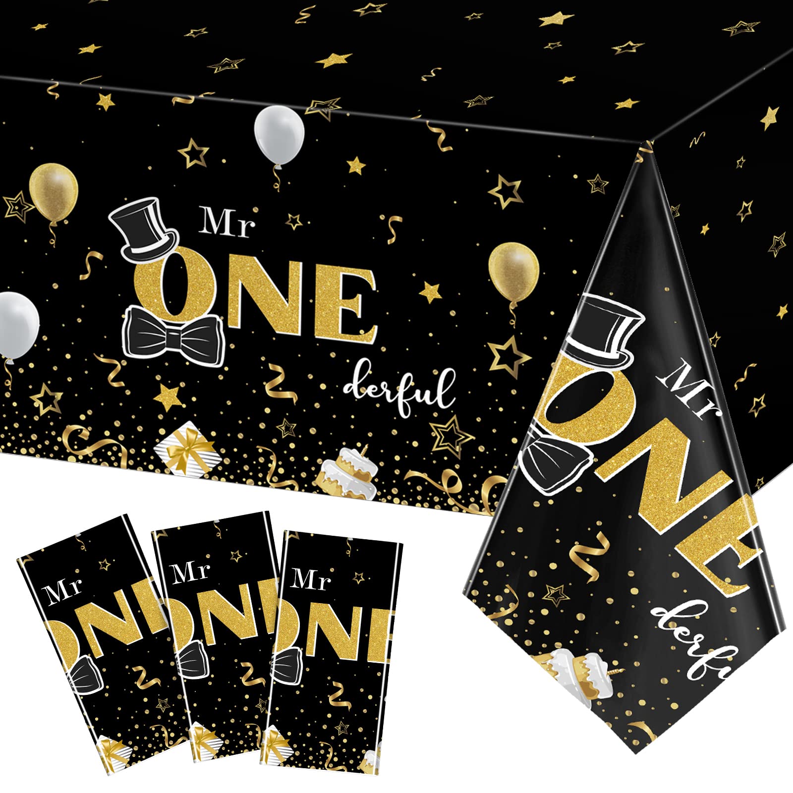 Tiamon Black Plastic Rectangular 54 x 108 Tablecloth Set of 3 for Baby Boy First Birthday Party