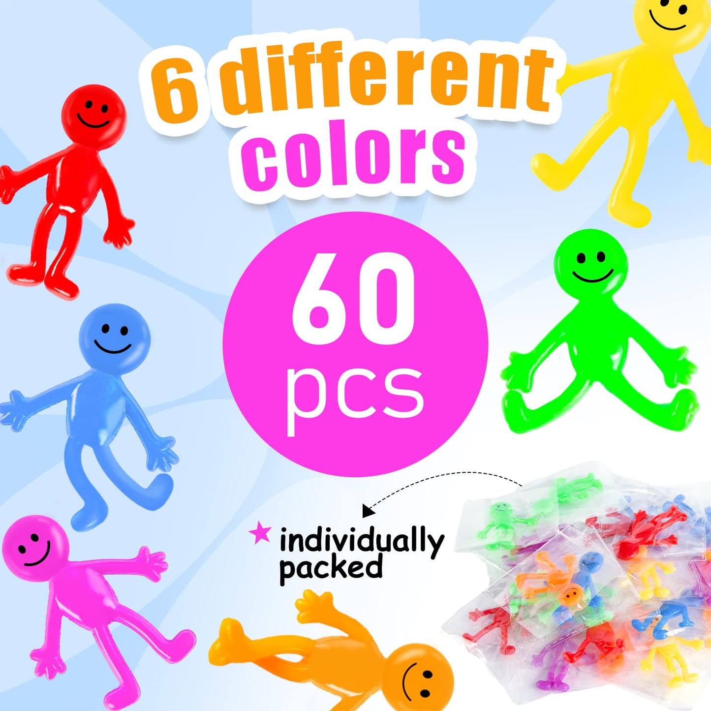 Poplay 60Pcs Smile Face Bendable Man, Stretchy Figures Party Favors Gooey Bendy Fidget Toys For Stress Relief, Easter Egg Fillers, Classroom Exchange Prizes