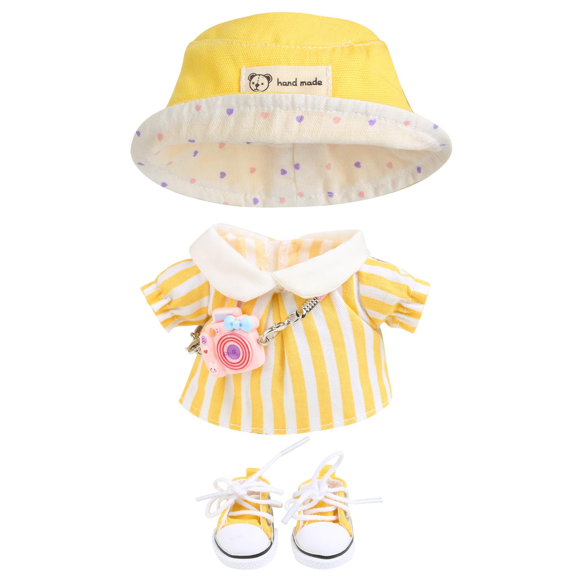 17cm Doll Clothes for Labubu - Kawaii Clown Style Set - Doll's Hat & Doll's Clothing & Doll's Shoes & Camera  Cute Doll Outfit with Accessories for Display  Collectors  Gift - Yellow (NO Dolls)