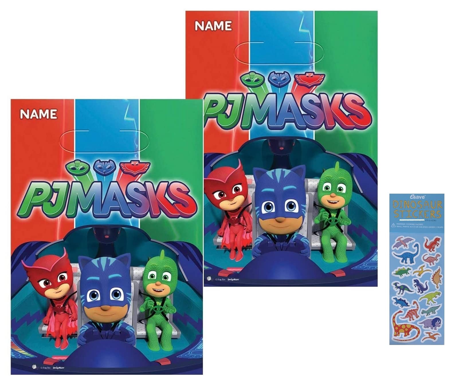 Unique PJ Masks Birthday Party Supplies Bundle Pack includes 16 Party Favor Loot Bags and 1 Dinosaur Sticker Sheet