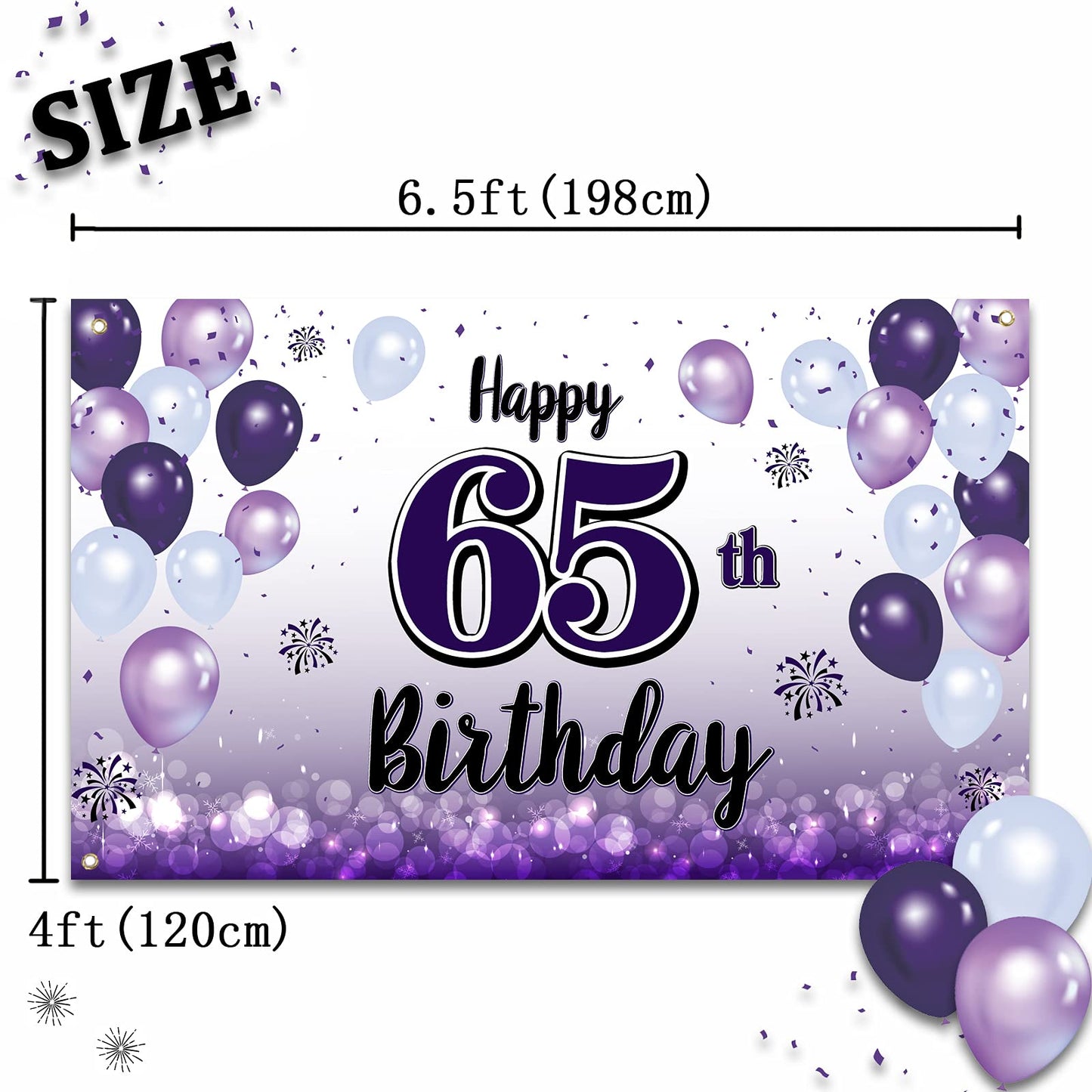 LASKYER Happy 65th Birthday Decorations,65th Purple Balloon Large Birthday Banner Backdrop Sign,65 Years Old Bday Party Supplies