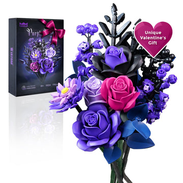 Purple Flower Bouquet Building Set, Rose Botanical Collection Blocks Kit Compatible With Lego For Adults Women, Artificial Flowe