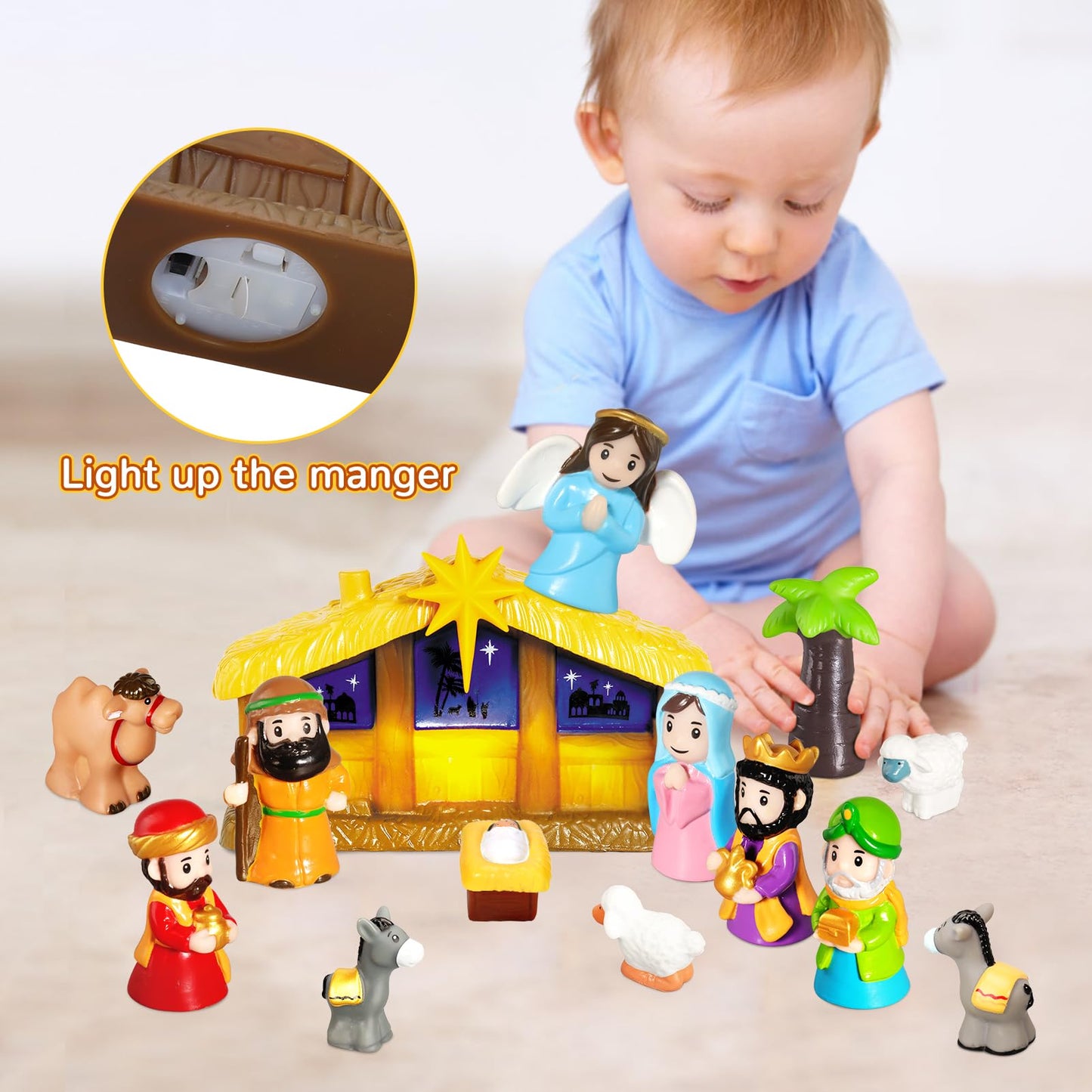 Hotfun Lighted Nativity Set For Kids, Christmas Story Nativity Playset Figures, 17 Pcs Childrens Nativity Set With Baby Jesus Ma