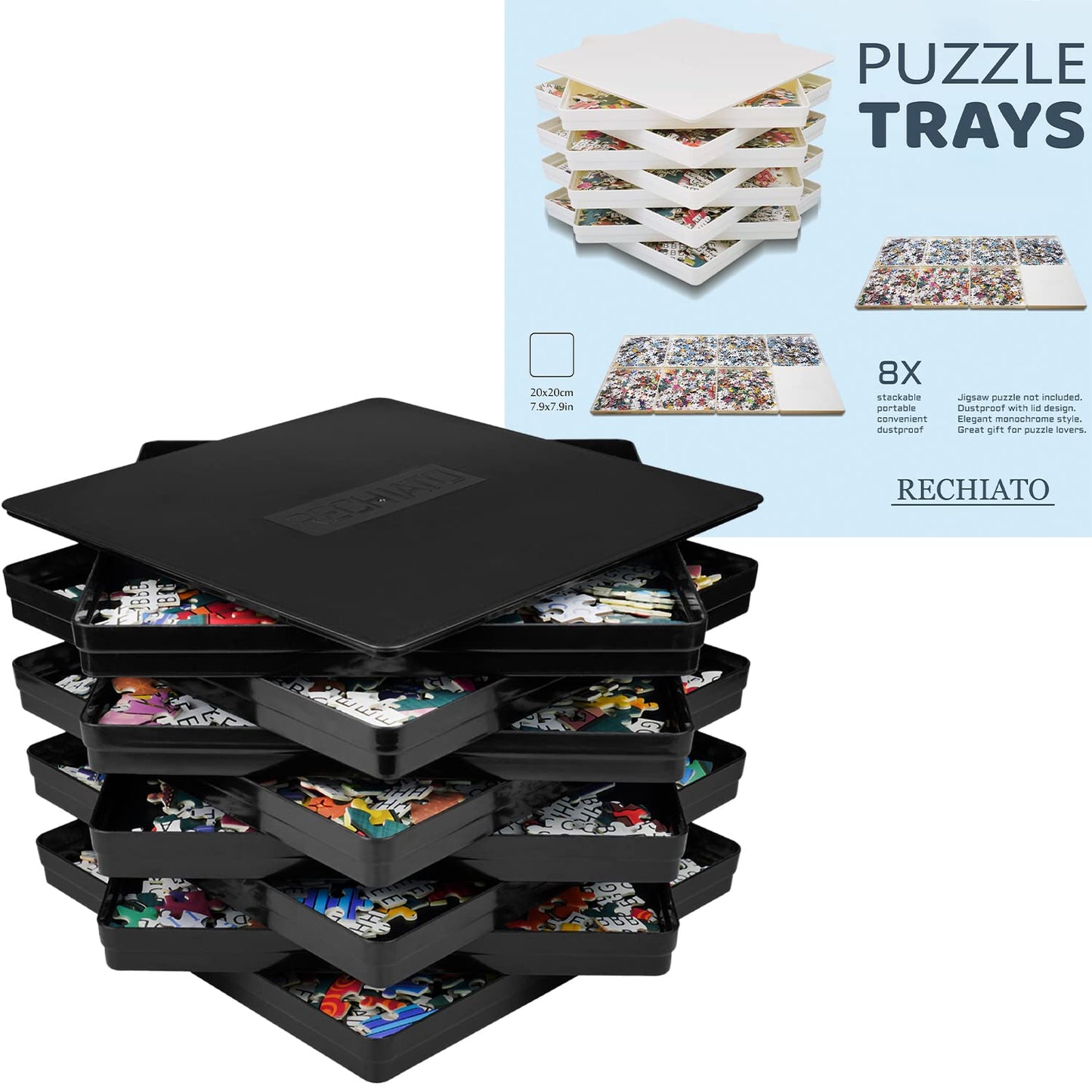 8 Puzzle Sorting Trays With Lid 8X8 Premiunm Puzzle Trays For Puzzle Lovers For Puzzles Up To 1000-1500 Pieces,Puzzle Tray, Convenient Tool For Puzzle Lovers (Black)