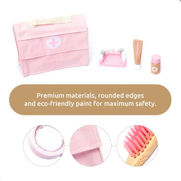 UMU Wooden Doctor Kit for Kids - 18 pcs Doctor and Dentist Play Set for Toddlers with Stethoscope, Syringe, Tooth Model & More -