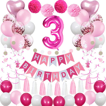Sweet 3Rd Birthday Decorations For Baby Girl, Pink And White 3 Happy Birthday Balloons,3Rd Birthday Party Supplies For Daughter