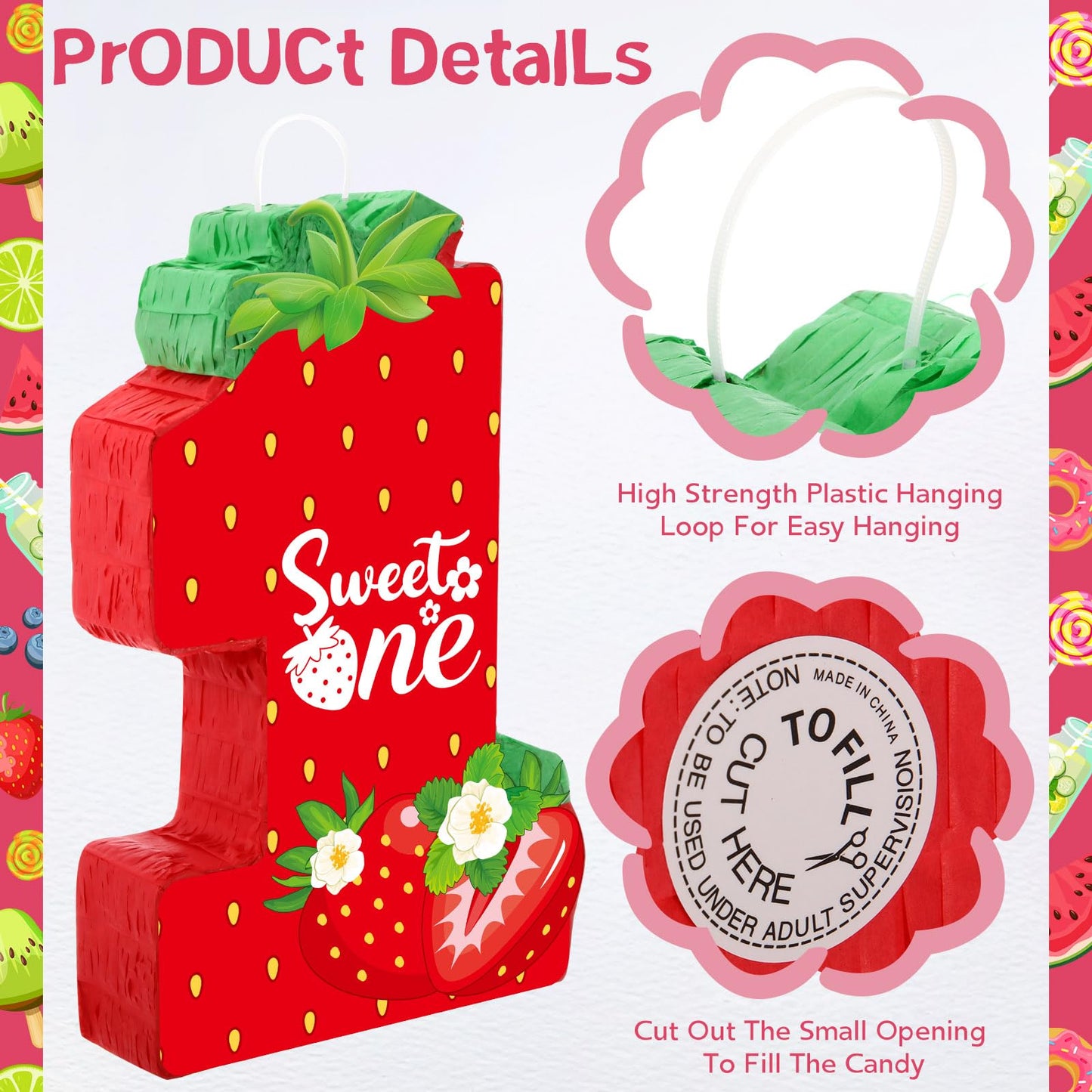 Aoriher Strawberry Piñata - Cardboard, Berry Color, 1st Birthday Party Game Supplies & Decor with Stick, Blindfold, and Confetti