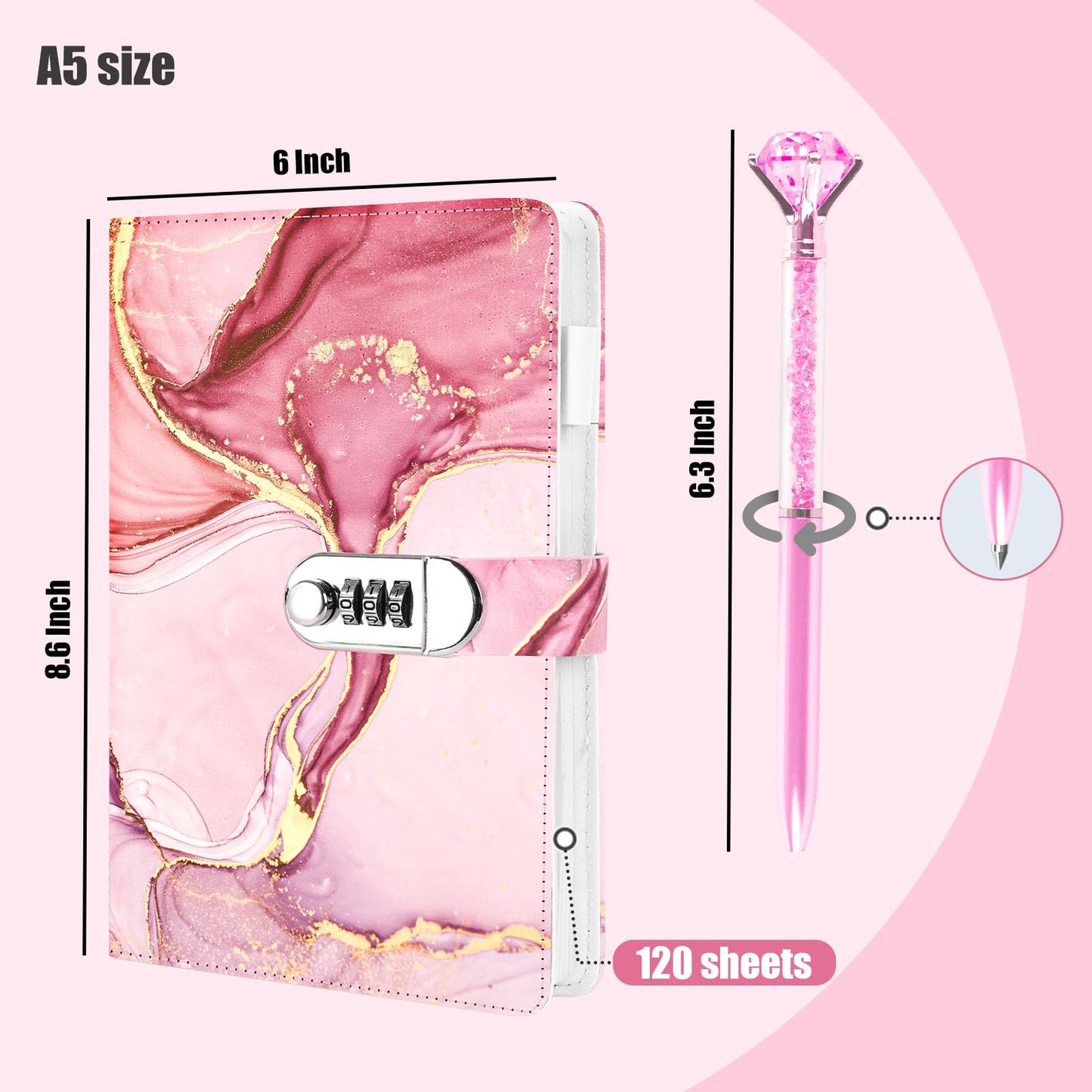 Koogel Diary with Lock for Girls Ages 8-12, A5 Journal with Lock 240 Pages, Kids Locking Secret Diary Writing Journal with Pen,