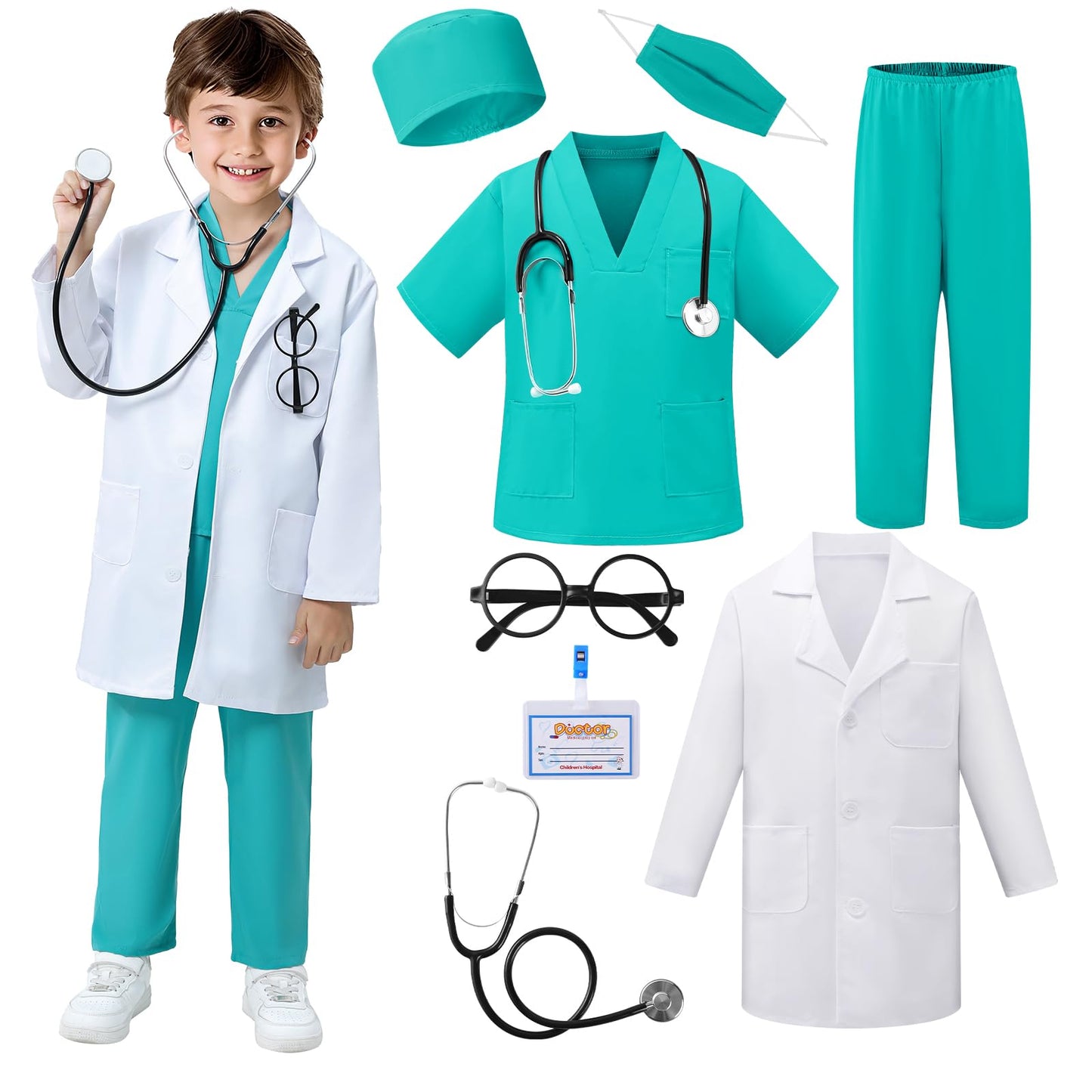 Funsenly Doctor Costume For Kids - 8Pcs Caree Day Kids Scrubs With Lab Coat Dress Up Set, Halloween Costumes For Girls Boys, Tod