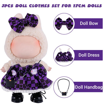 3pcs 15cm/17cm Doll Clothes Set for Dolls (No Doll)  Stylish Outfits Accessories  Plaid Dress for Girls Boys Collectors with Bow  Handbag (Purple) AK055PR