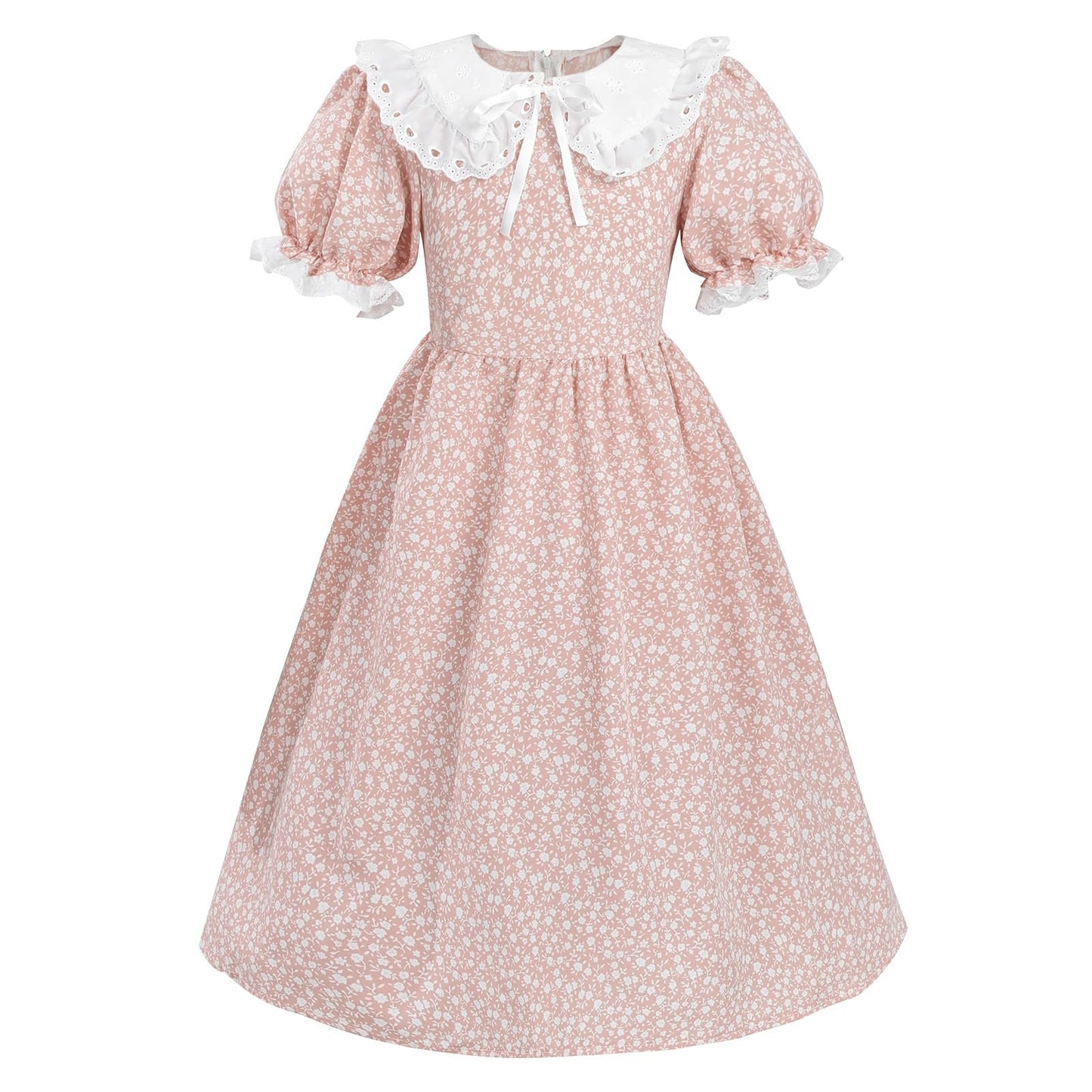 LTAKK Pioneer Dress Girls Colonial Costume Prairie Pilgrim Girl Dresses with Ruffled Pinafore, Peach, Small, age over 4 years ol