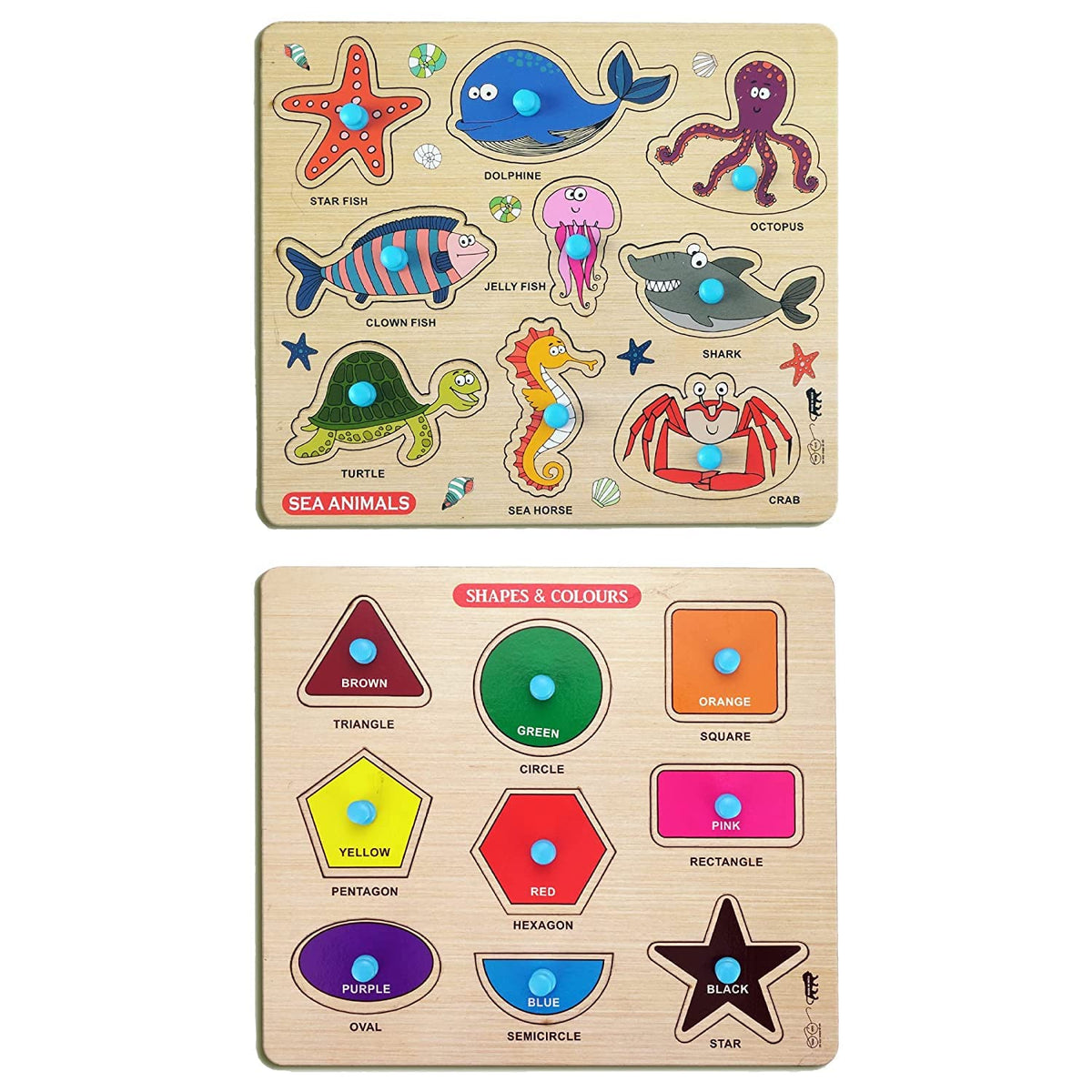 GREST Mini Wooden Shape, Colors and Sea Animals Puzzle with Knobs, Educational and Learning Game for Kids for Kids