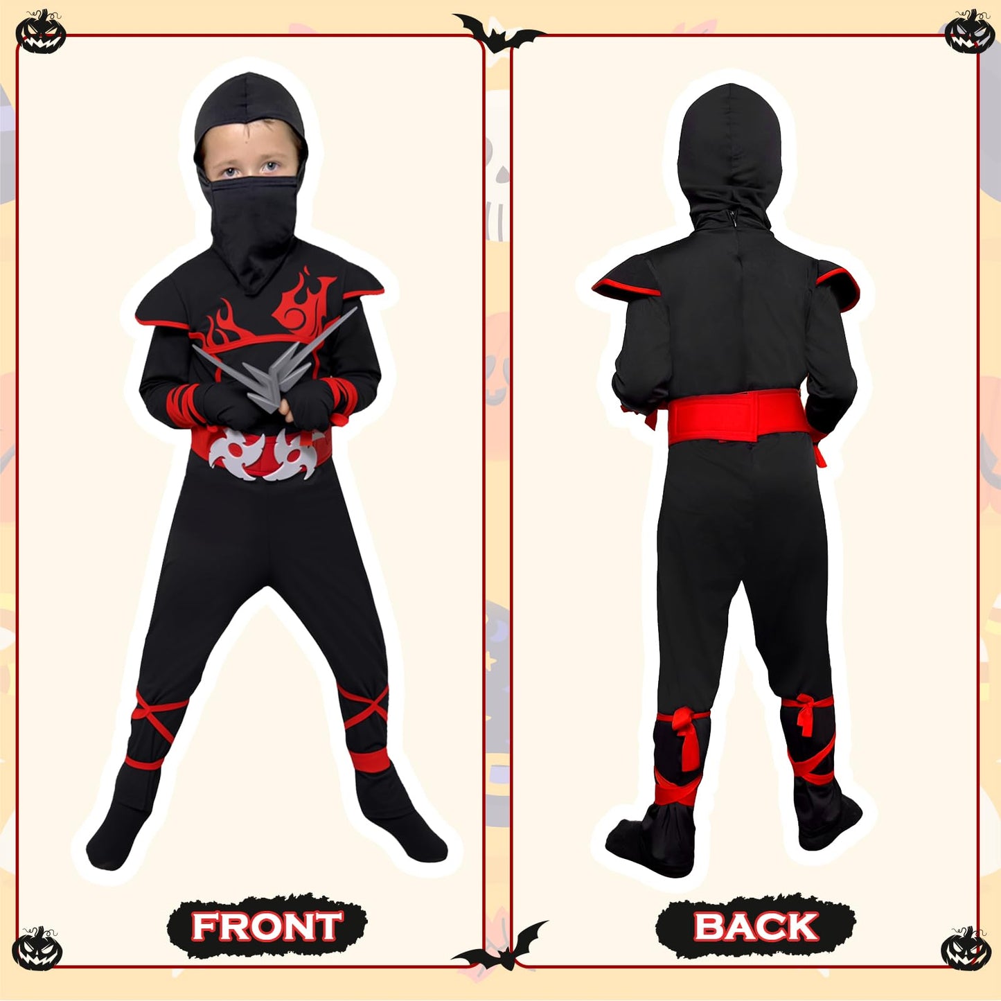 Zuffeloria Kids Ninja Costume with 7 Safe Plastic  - Boys Halloween Cosplay Outfit with Ninja decorative replica blade  Kunai  Shuriken & Accessories(M 8-10 years)