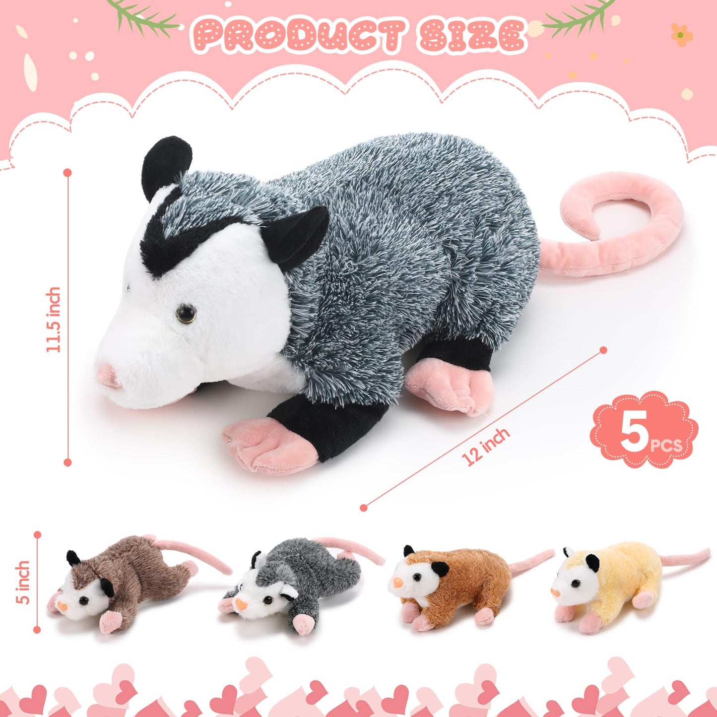 Hollowfly Plush Opossum Toy Set - 5 Pcs with 4 Baby Opossums, Long Pile Fabric, Magnetic Attraction, Classic Design