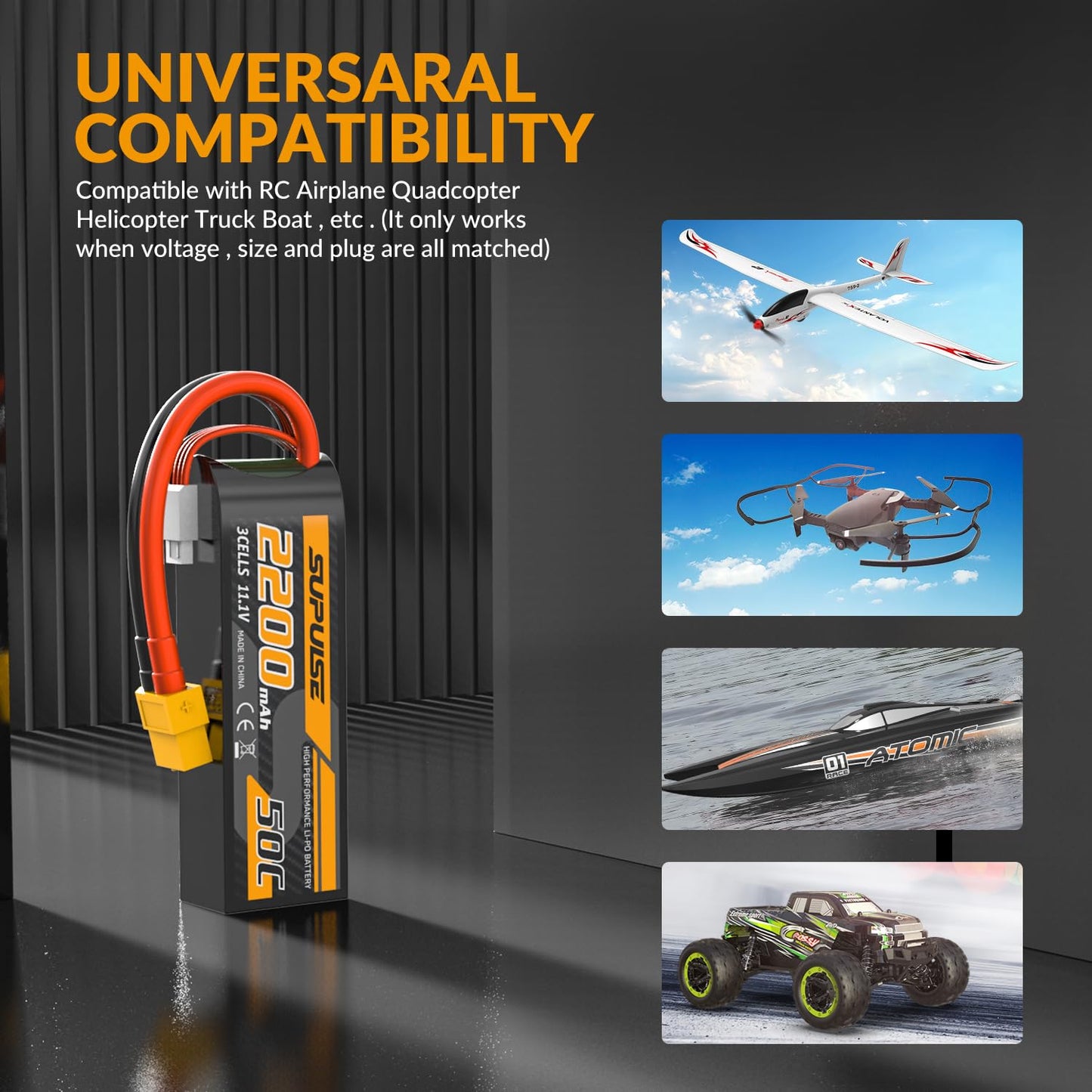 SUPULSE 11.1V 3S Lipo Battery 50C 2200mAh Soft Case Battery with T Plug and XT60 Plug for RC Airplane Helicopter RC Boat RC Car