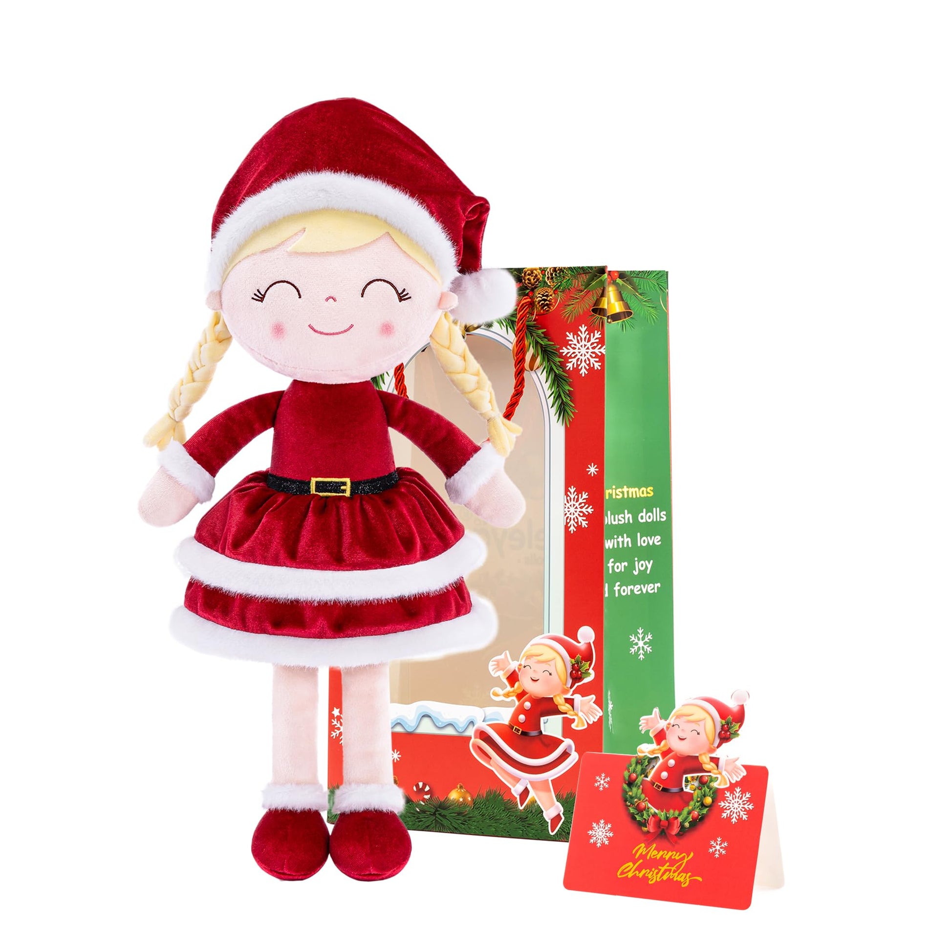 Gloveleya Soft Plush Doll Christmas Girl Dolls With Red Dress, Gift Box & Free Card - Perfect Holiday Or Birthday Gift For Toddlers 2-8 Ages, 16'