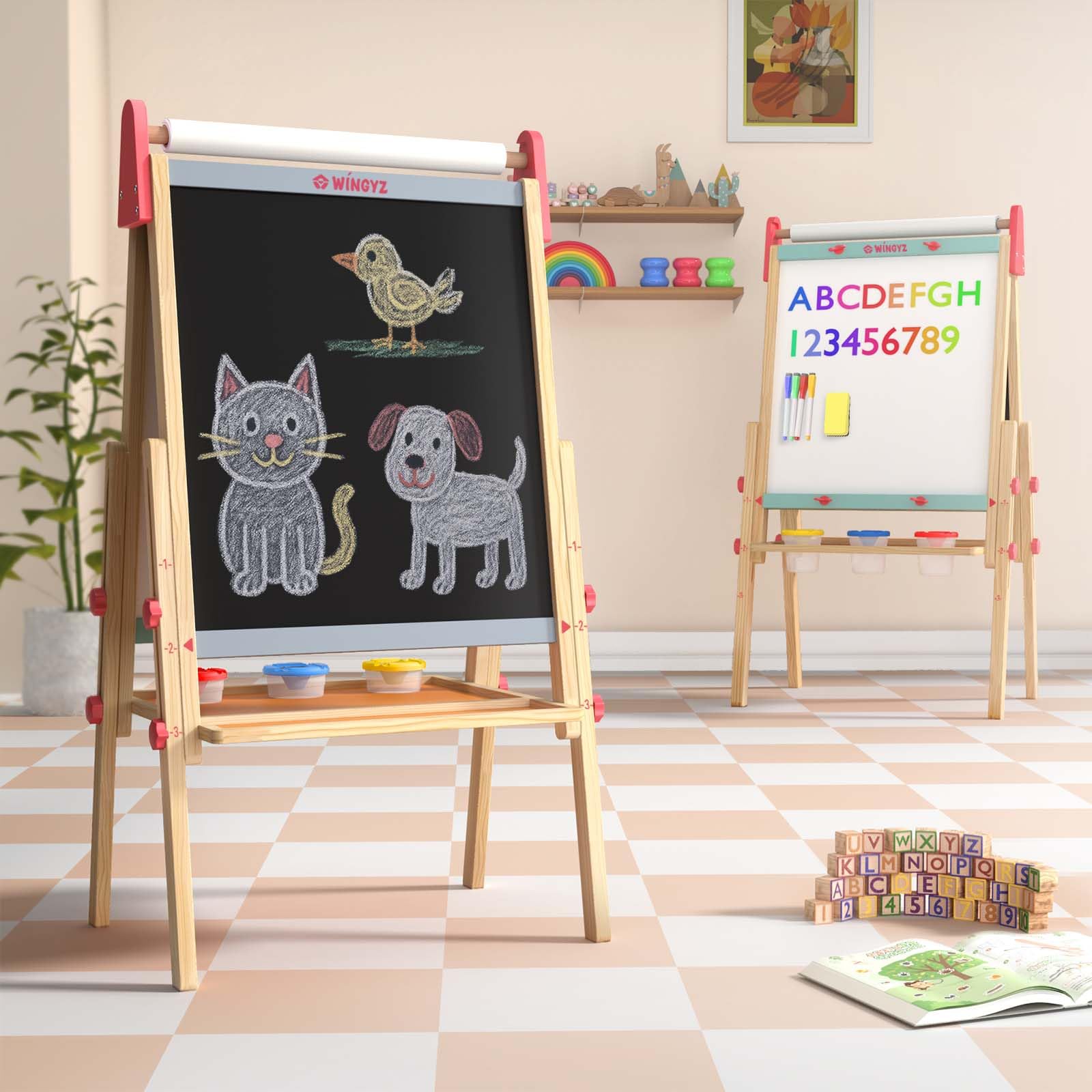 WINGYZ Easel for Kids - 3-in-1 Art Easel with Chalkboard, Magnetic Whiteboard & 400  Paper Roll, Adjustable Wooden Drawing Board