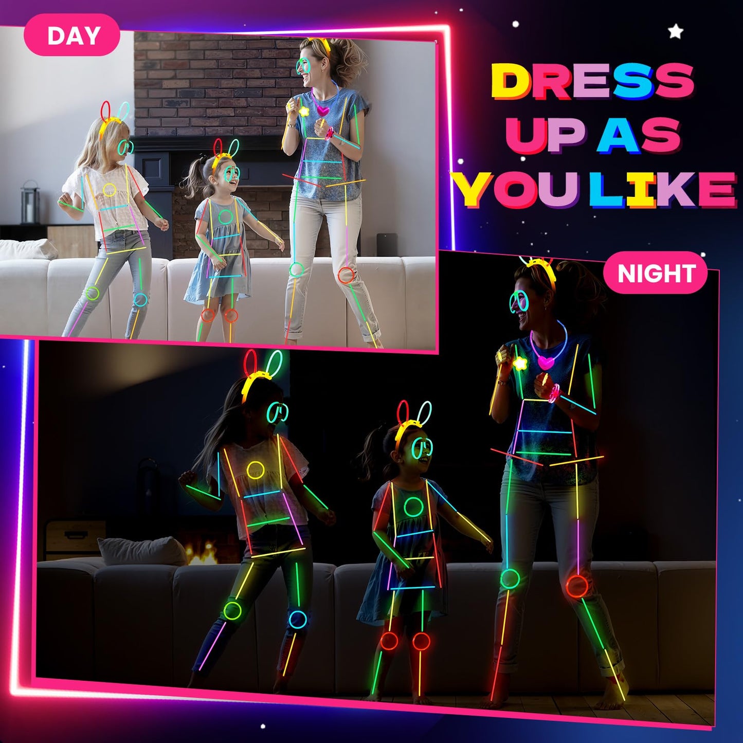 Lewtemi Glow Stick Figure Costume Set - 460 Pcs Colorful Light-Up Outfits, Plastic Accessories for Christmas Party Cosplay and Dancing